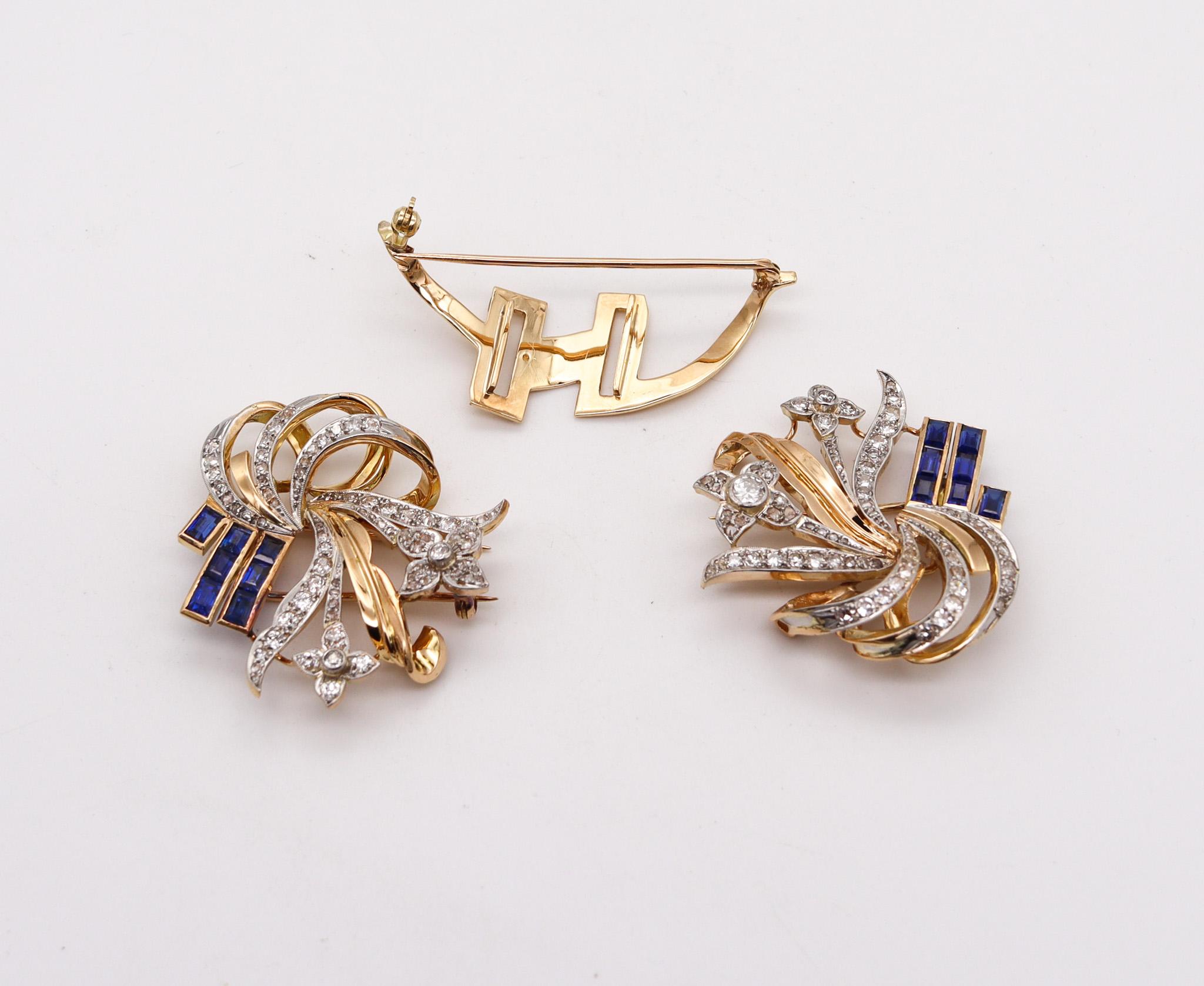 Art Deco Retro 1935 Convertible Clips 18kt Gold with 7.08ctw Diamonds & Spinels For Sale 3