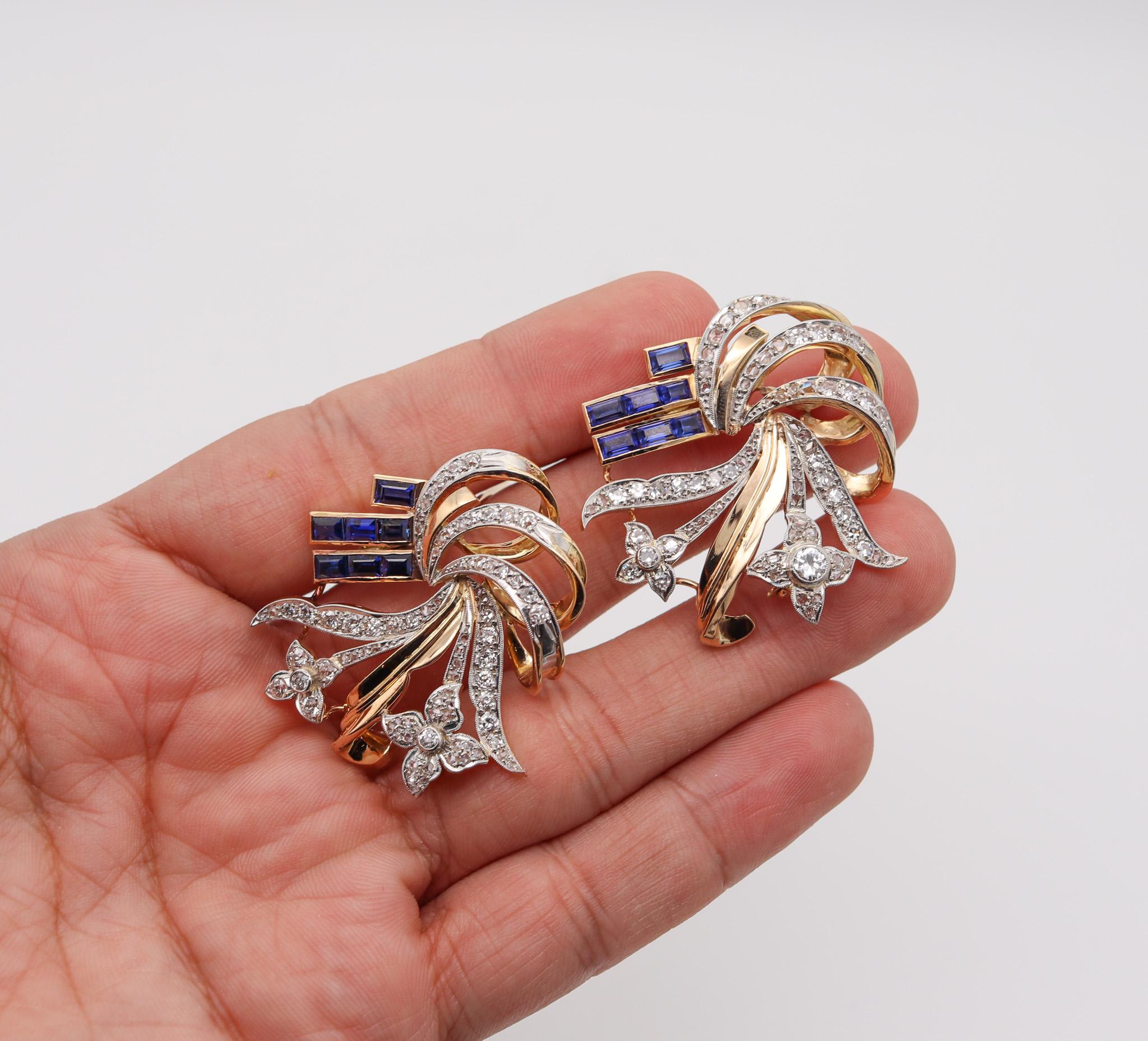 Art Deco Retro 1935 Convertible Clips 18kt Gold with 7.08ctw Diamonds & Spinels 4