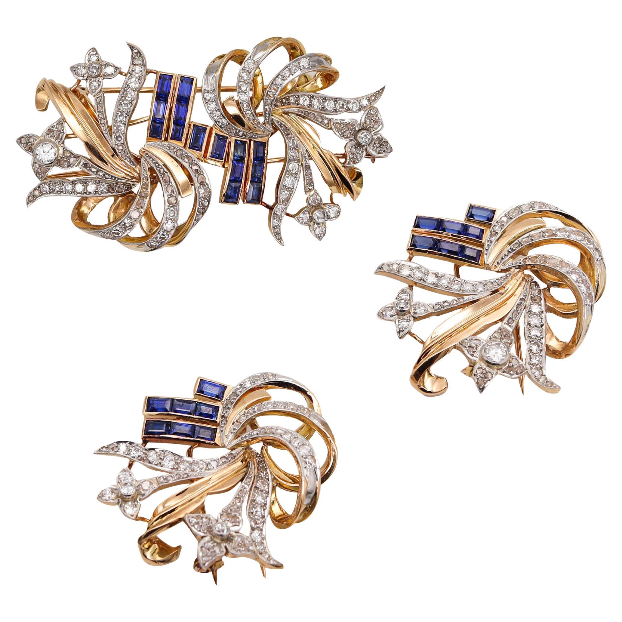 Art Deco Retro 1935 Convertible Clips 18kt Gold with 7.08ctw Diamonds & Spinels