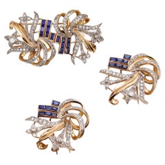 Art Deco Vintage 1935 Convertible Clips 18kt Gold with 7.08ctw Diamonds & Spinels