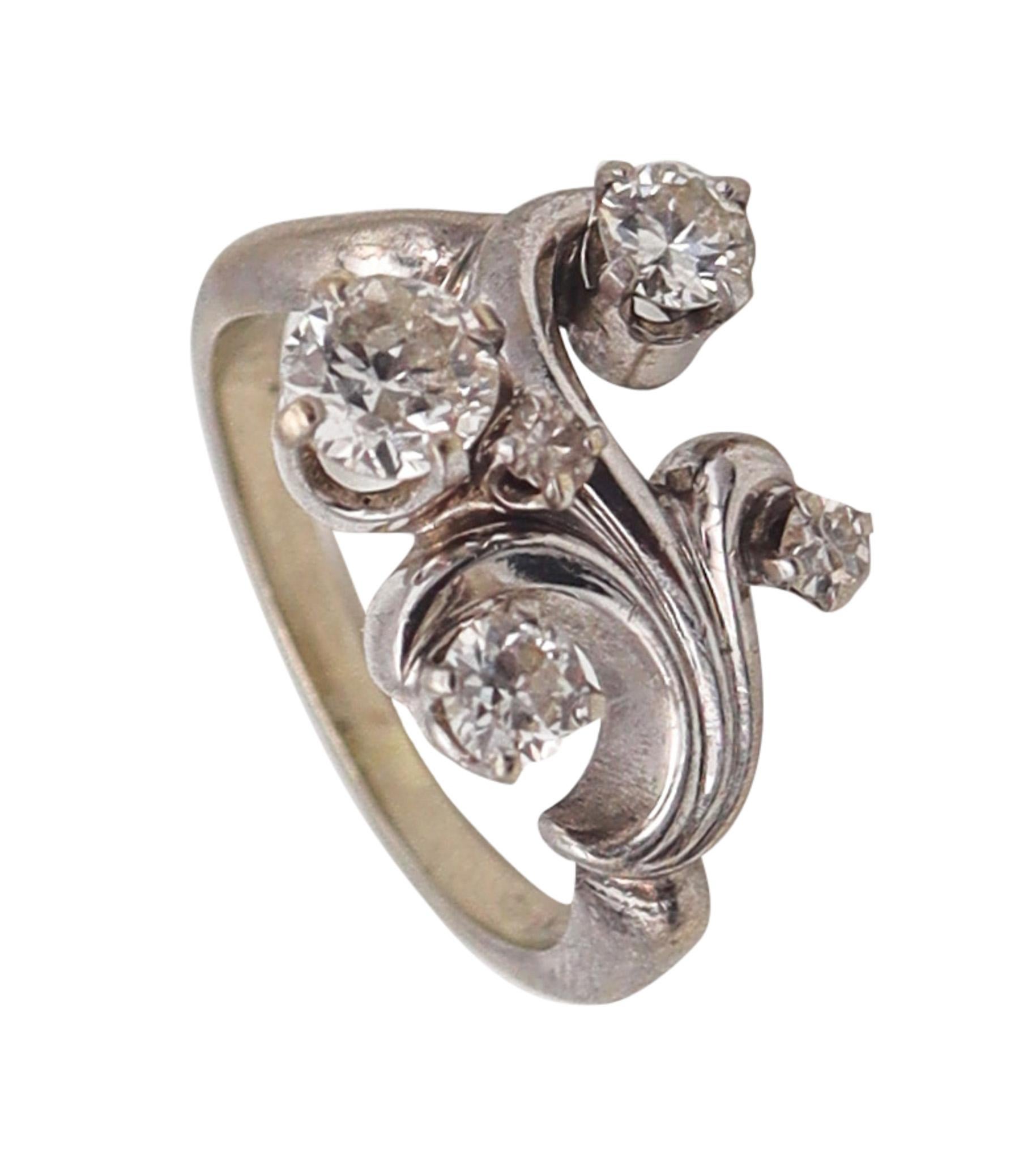 Art Deco Retro 1940 Swirl Ring In Solid 14Kt White Gold With Four White Diamonds For Sale