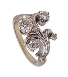 Art Deco Vintage 1940 Swirl Ring In Solid 14Kt White Gold With Four White Diamonds