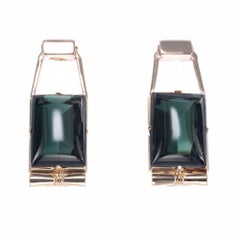 Art Deco Retro 24 Carat Emerald Cut Cabochon Green Tourmaline Dangle Earrings