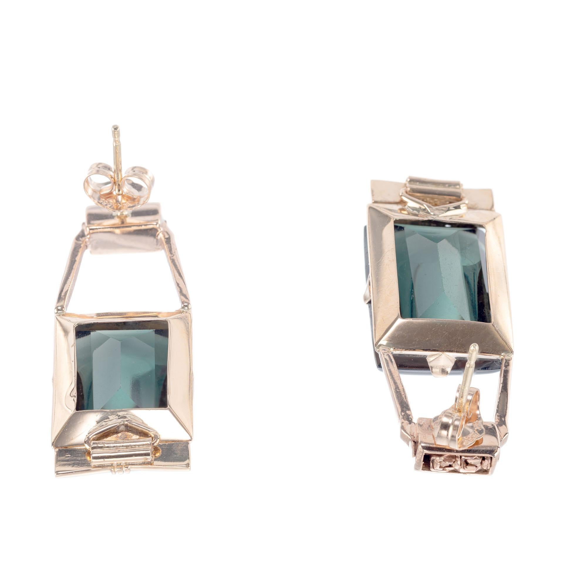 Art Deco Retro 24 Carat Emerald Cut Cabochon Green Tourmaline Dangle Earrings In Good Condition For Sale In Stamford, CT