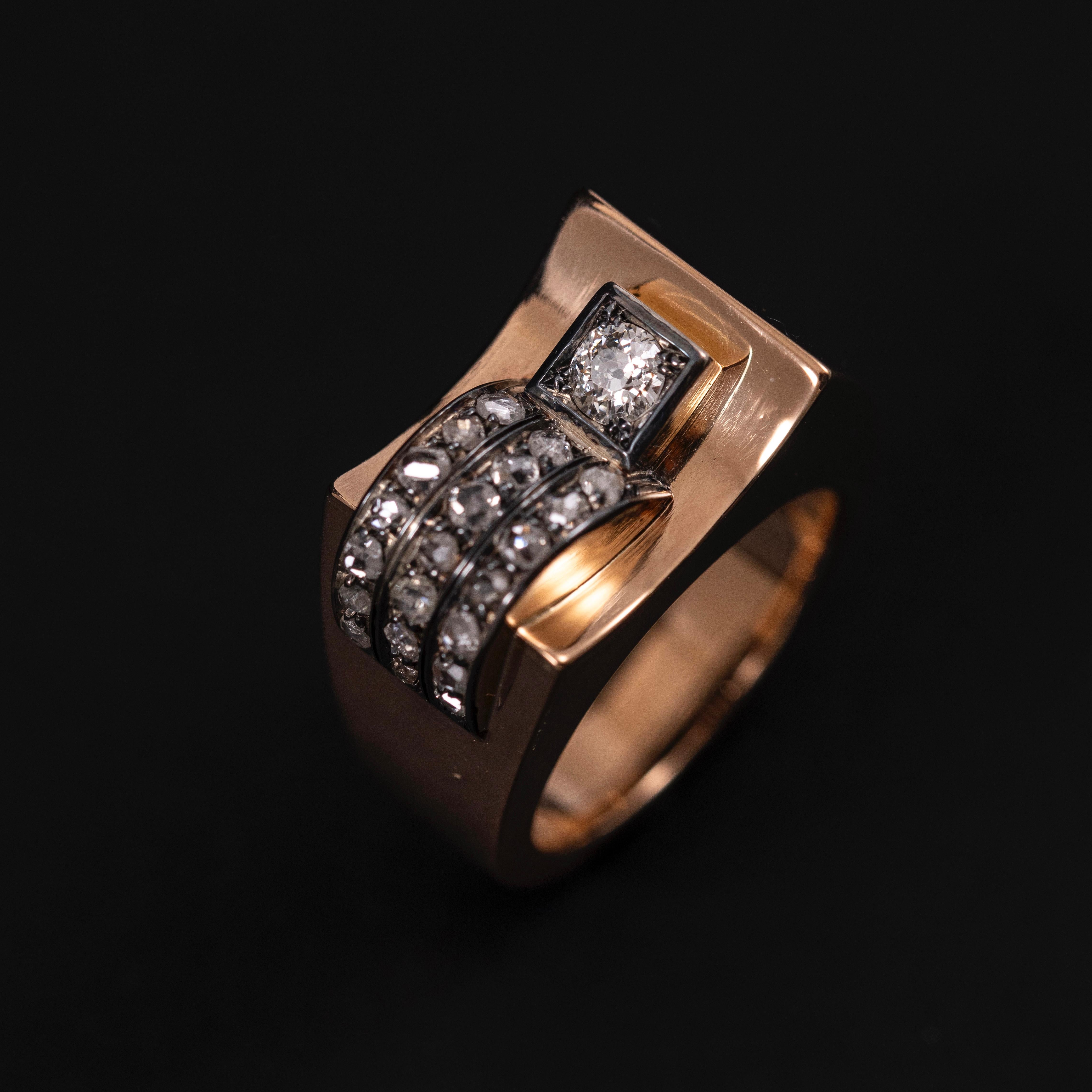 Art Deco Retro Diamond Odeonesque Cocktail Ring Rose Gold Silver Portuguese 1940 For Sale 6