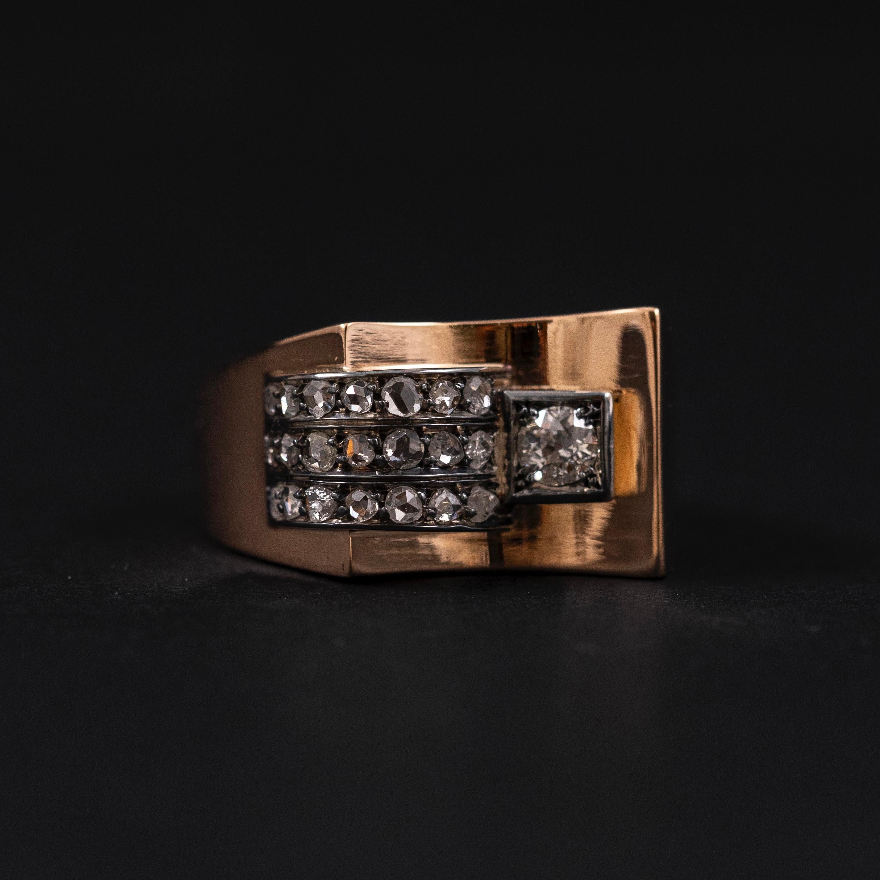 Old European Cut Art Deco Retro Diamond Odeonesque Cocktail Ring Rose Gold Silver Portuguese 1940 For Sale