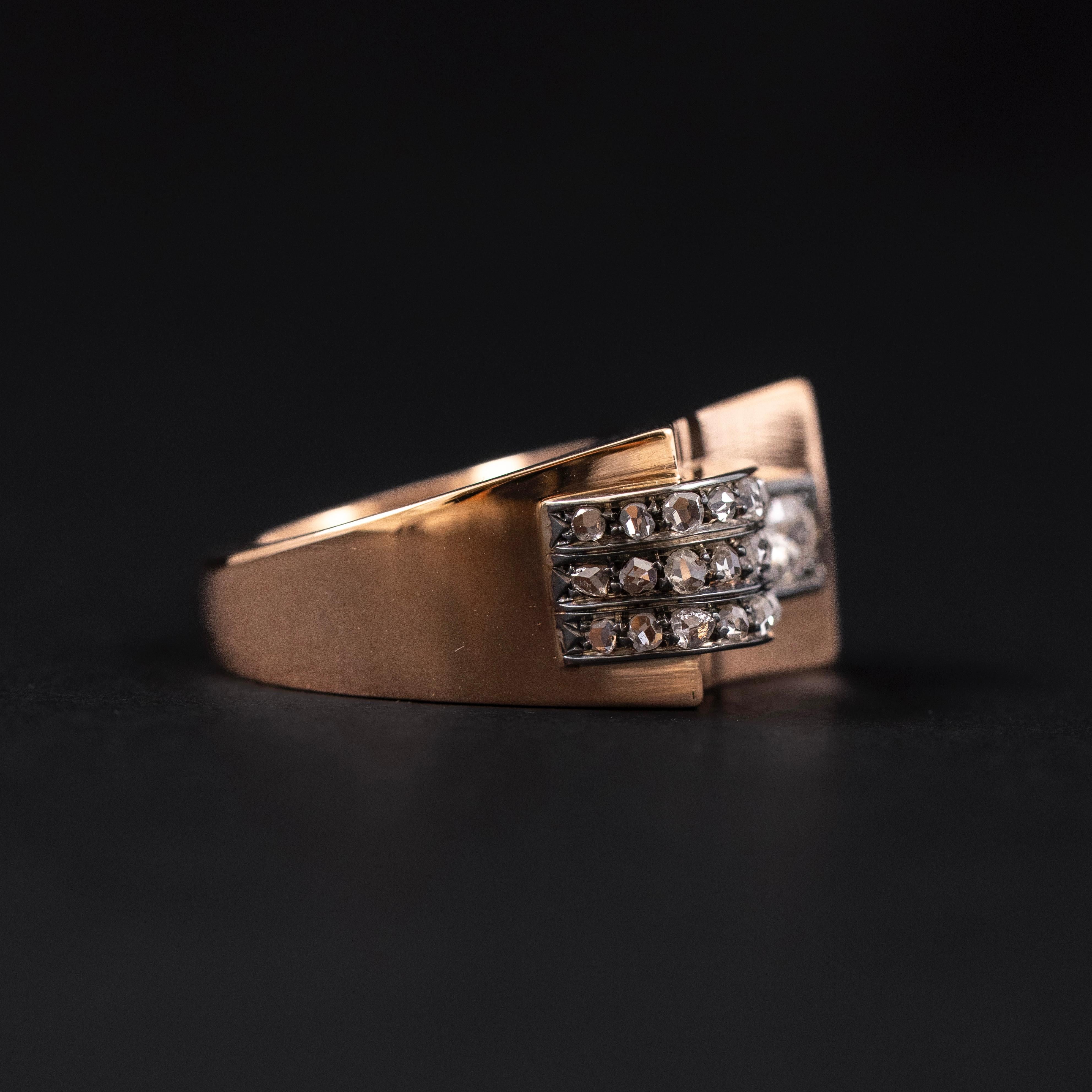 Art Deco Retro Diamond Odeonesque Cocktail Ring Rose Gold Silver Portuguese 1940 In Good Condition For Sale In Lisbon, PT