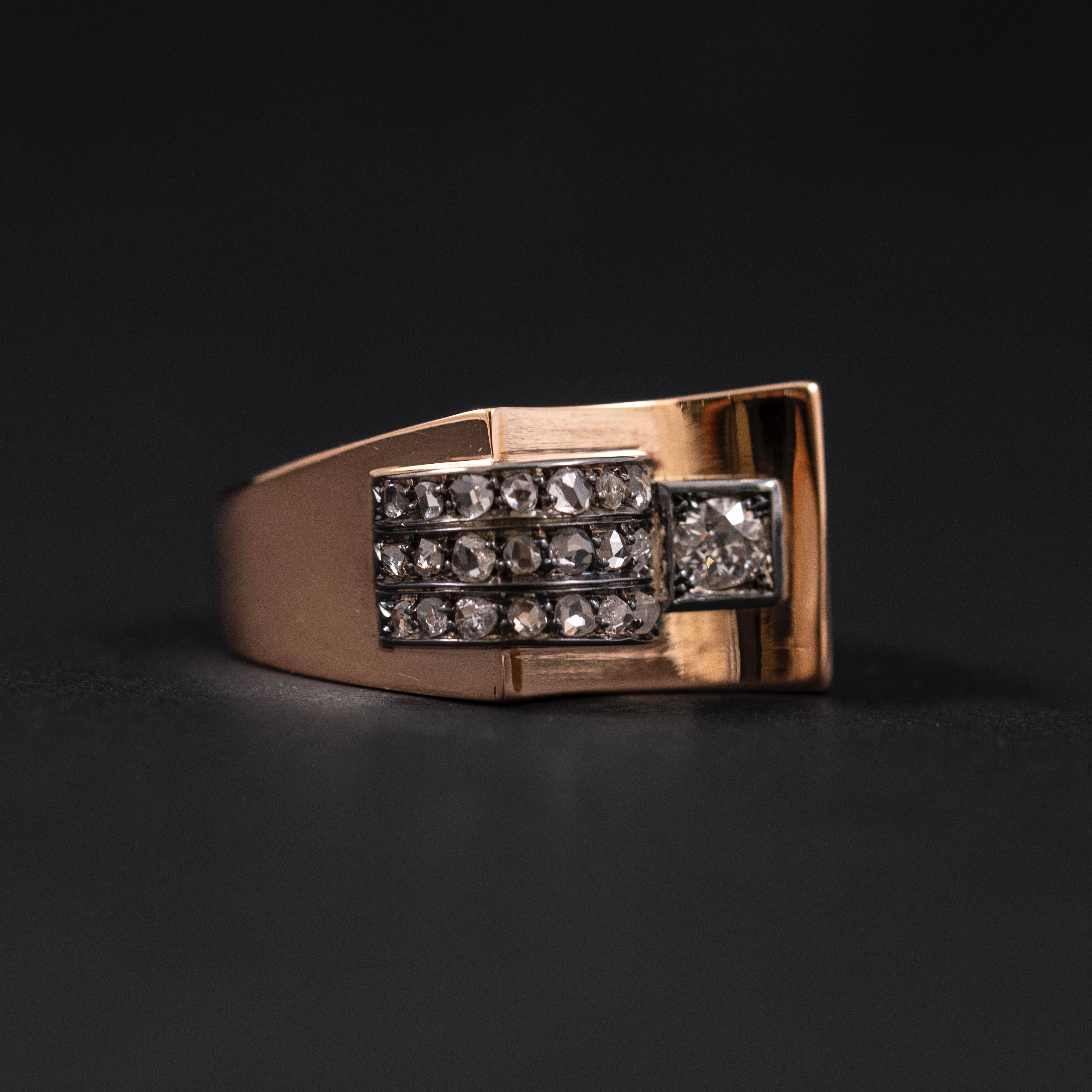 Women's or Men's Art Deco Retro Diamond Odeonesque Cocktail Ring Rose Gold Silver Portuguese 1940 For Sale