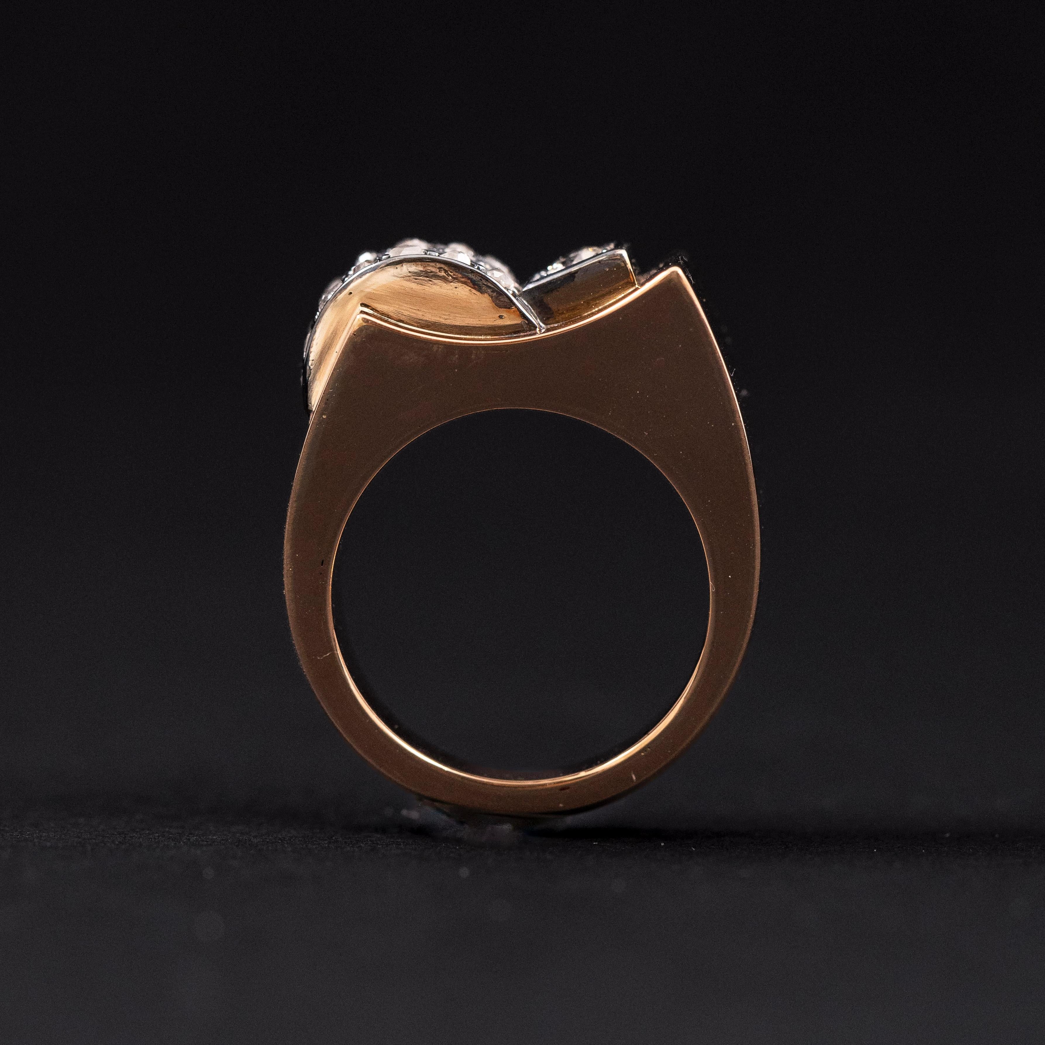 Art Deco Retro Diamond Odeonesque Cocktail Ring Rose Gold Silver Portuguese 1940 For Sale 1