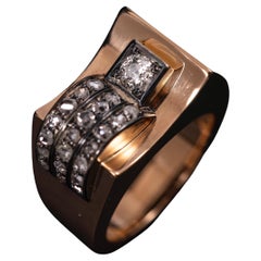 Art Deco Retro Diamond Odeonesque Cocktail Ring Rose Gold Silver Portuguese 1940