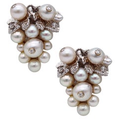 Boucles d'oreilles rétro Art déco en or 14 carats avec perles naturelles et diamants européens