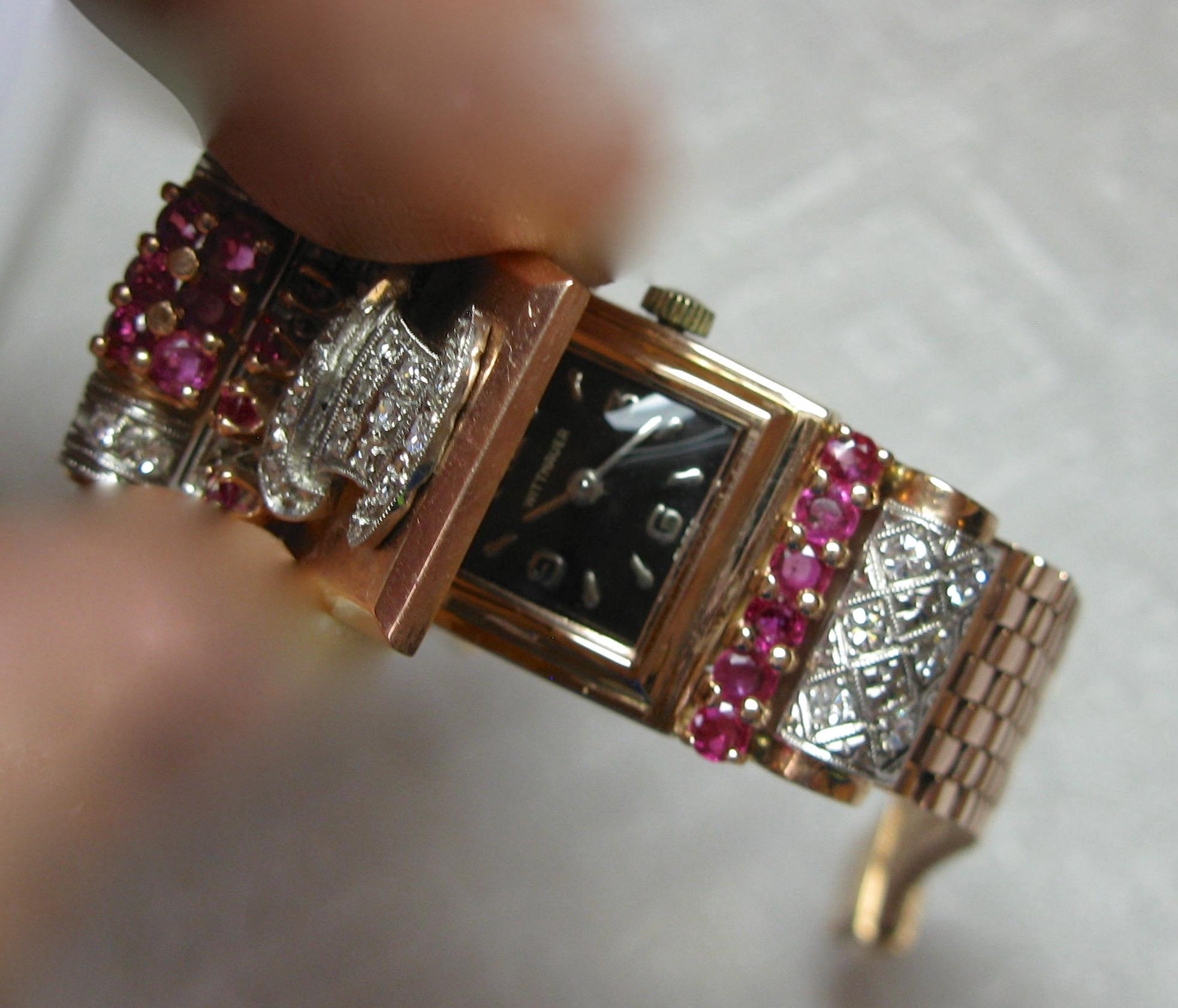 Art Deco Retro Top Hat Diamond Ruby Wittnauer Wristwatch Bracelet 14 Karat Gold 7
