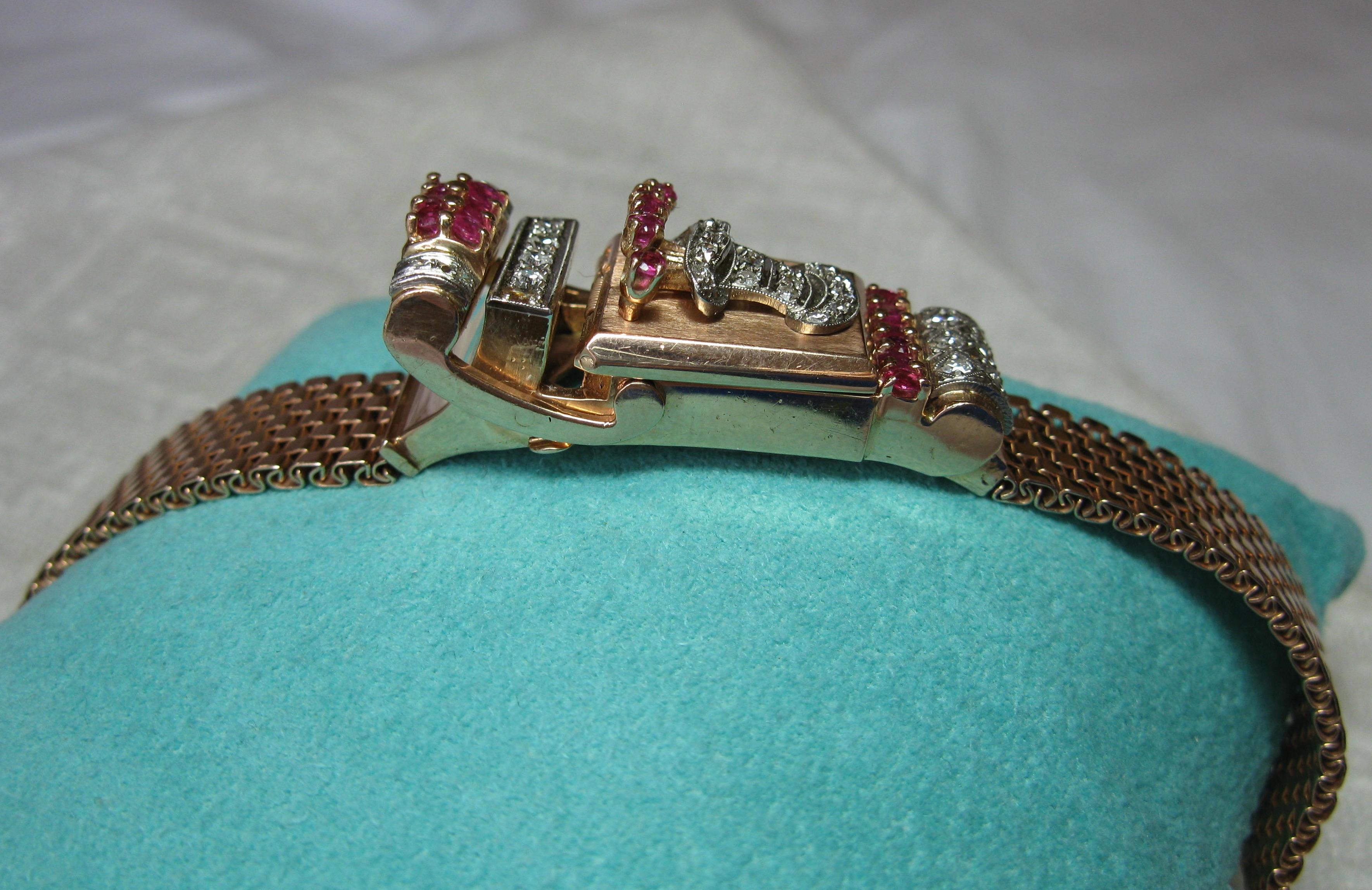 Art Deco Retro Top Hat Diamond Ruby Wittnauer Wristwatch Bracelet 14 Karat Gold 8