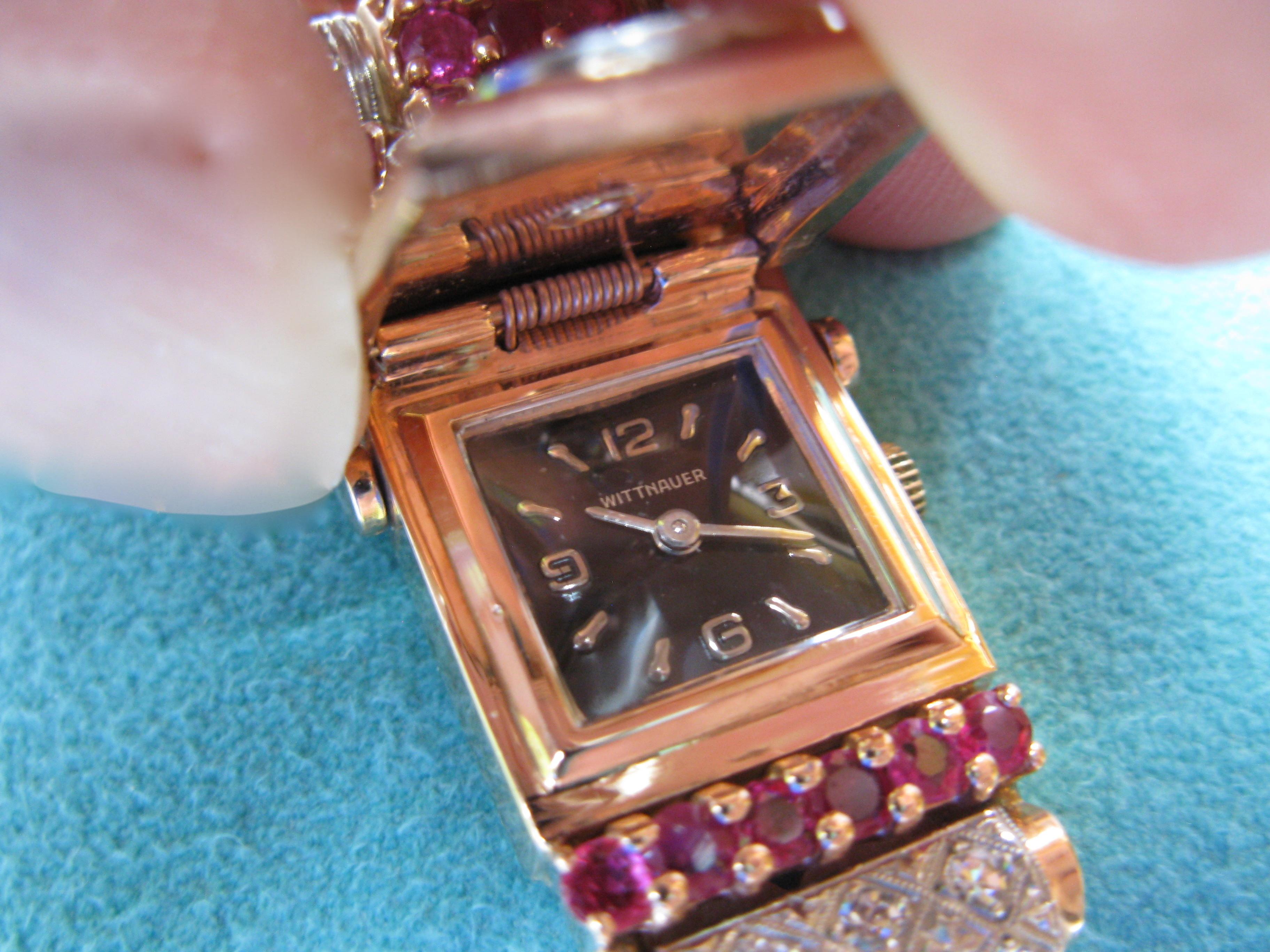 Round Cut Art Deco Retro Top Hat Diamond Ruby Wittnauer Wristwatch Bracelet 14 Karat Gold