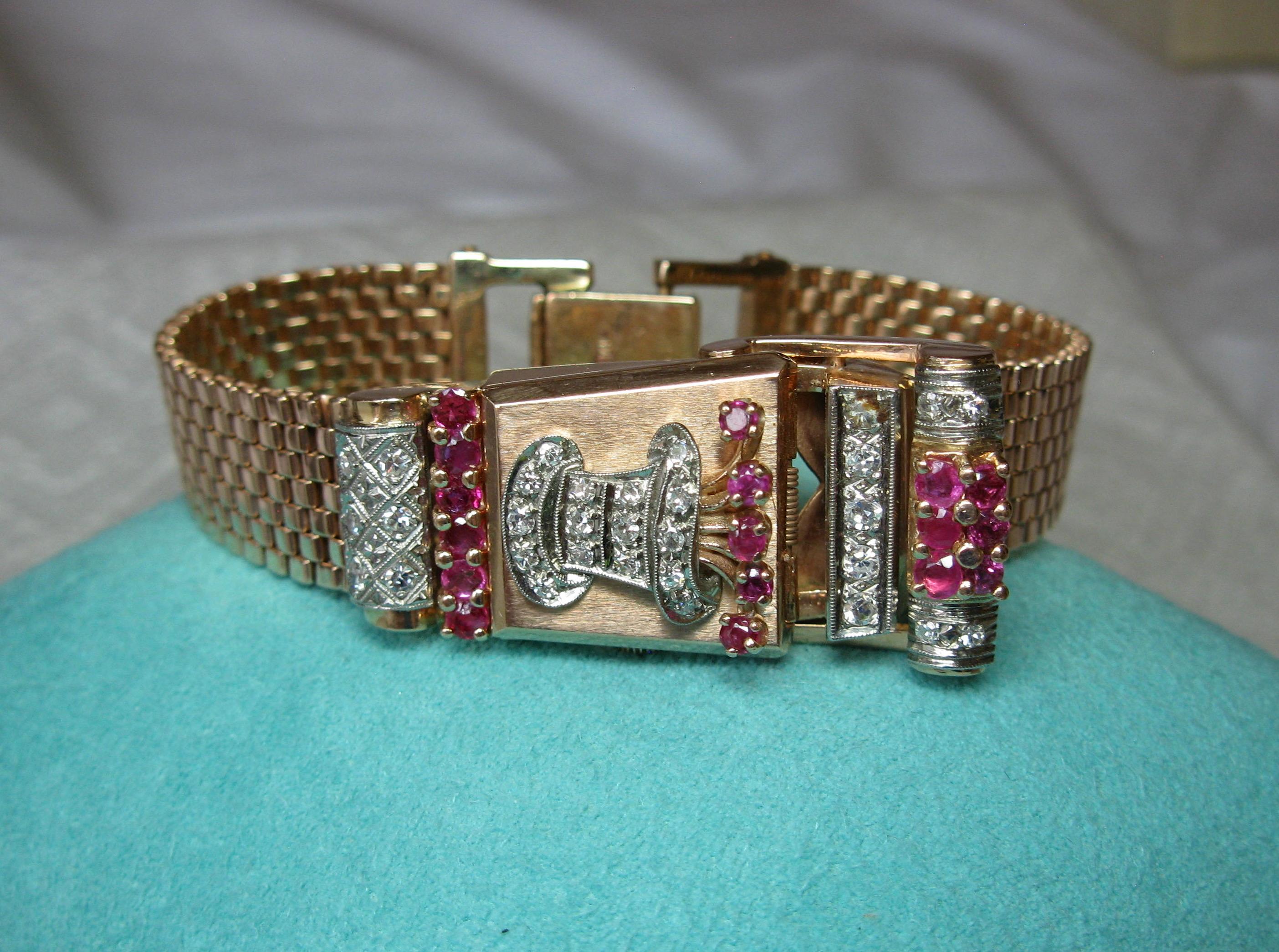 Women's Art Deco Retro Top Hat Diamond Ruby Wittnauer Wristwatch Bracelet 14 Karat Gold