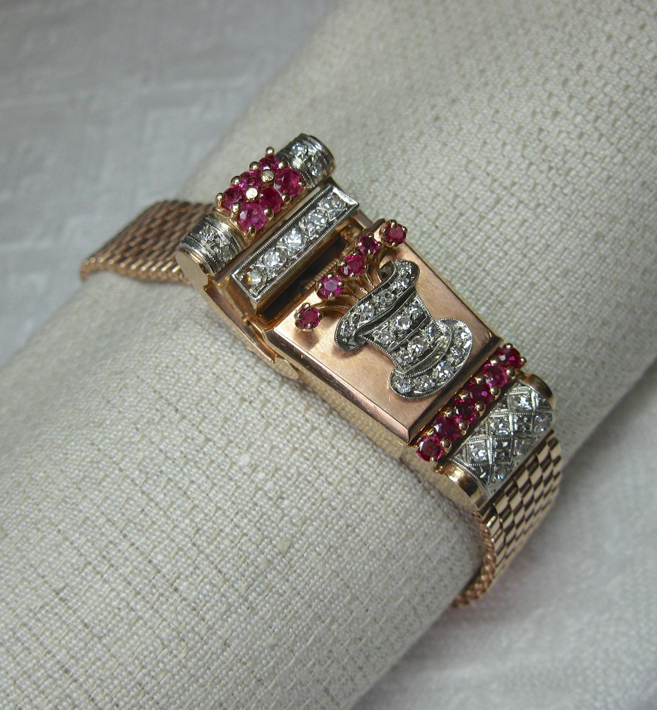 Art Deco Retro Top Hat Diamond Ruby Wittnauer Wristwatch Bracelet 14 Karat Gold 1