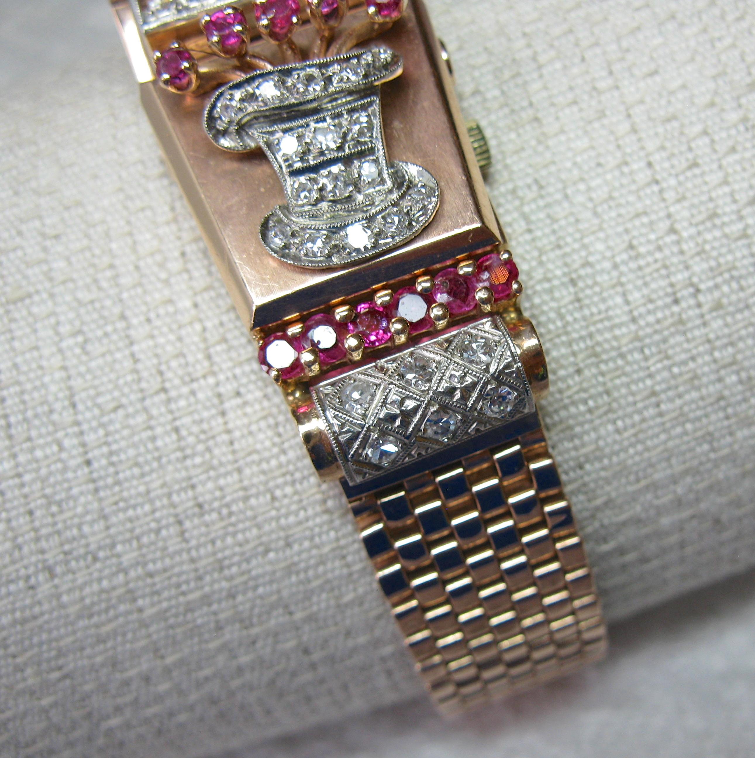 Art Deco Retro Top Hat Diamond Ruby Wittnauer Wristwatch Bracelet 14 Karat Gold 2