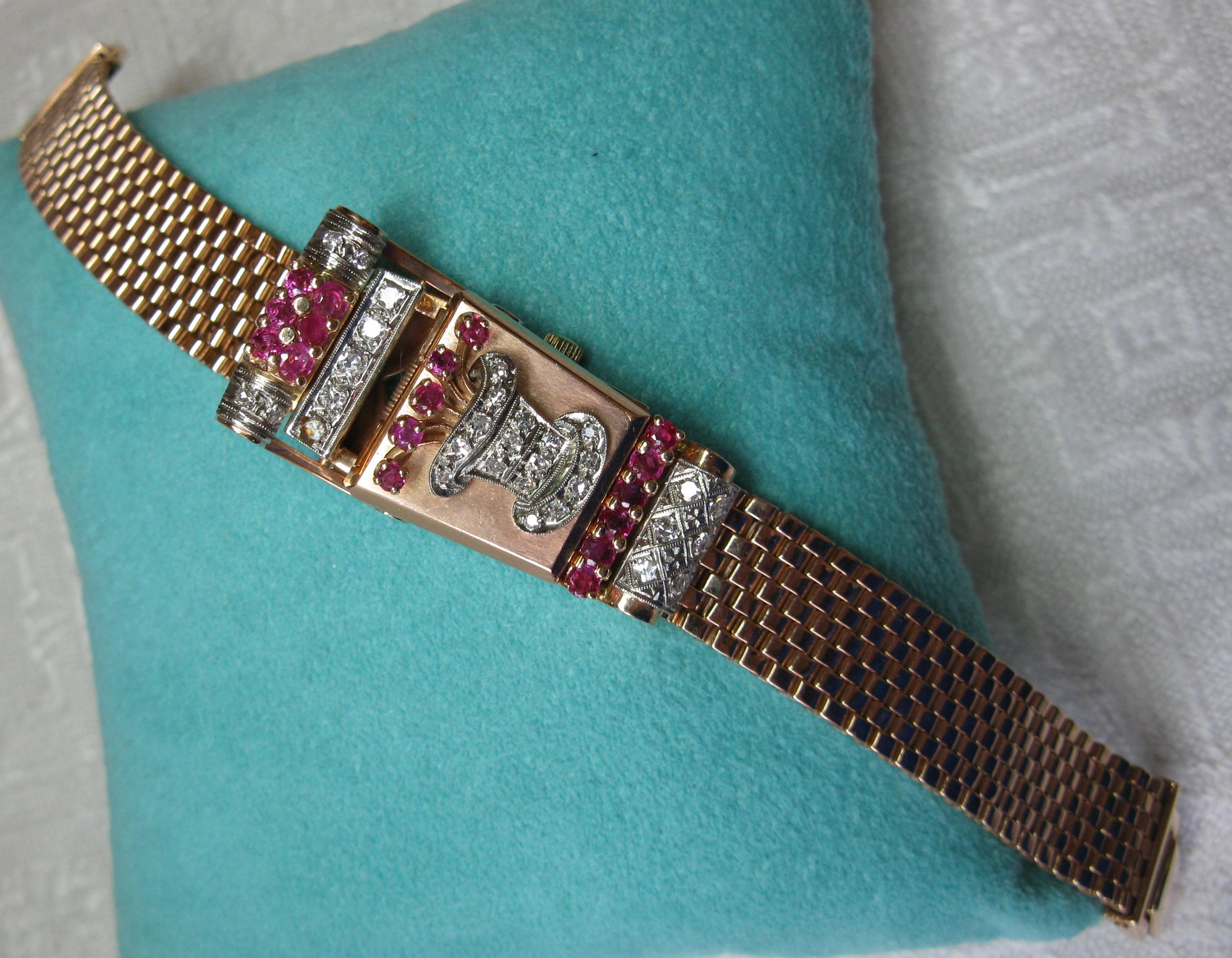 Art Deco Retro Top Hat Diamond Ruby Wittnauer Wristwatch Bracelet 14 Karat Gold 3