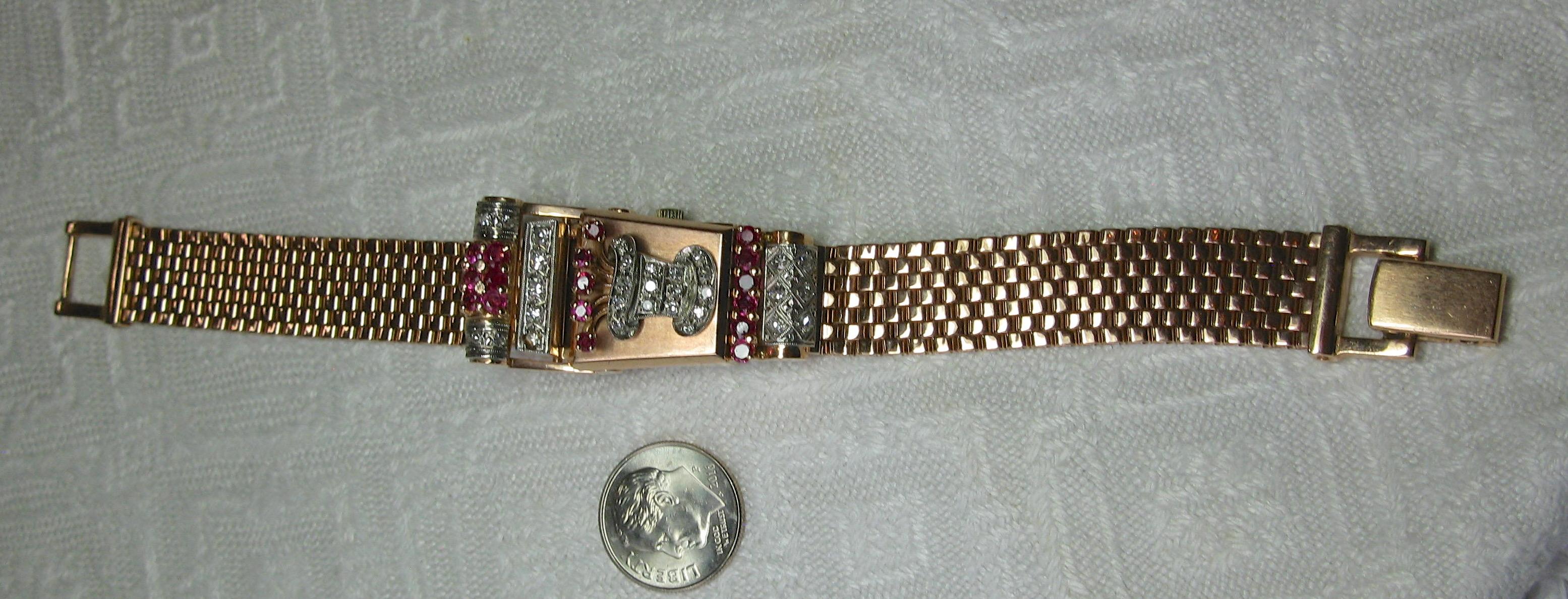 Art Deco Retro Top Hat Diamond Ruby Wittnauer Wristwatch Bracelet 14 Karat Gold 4