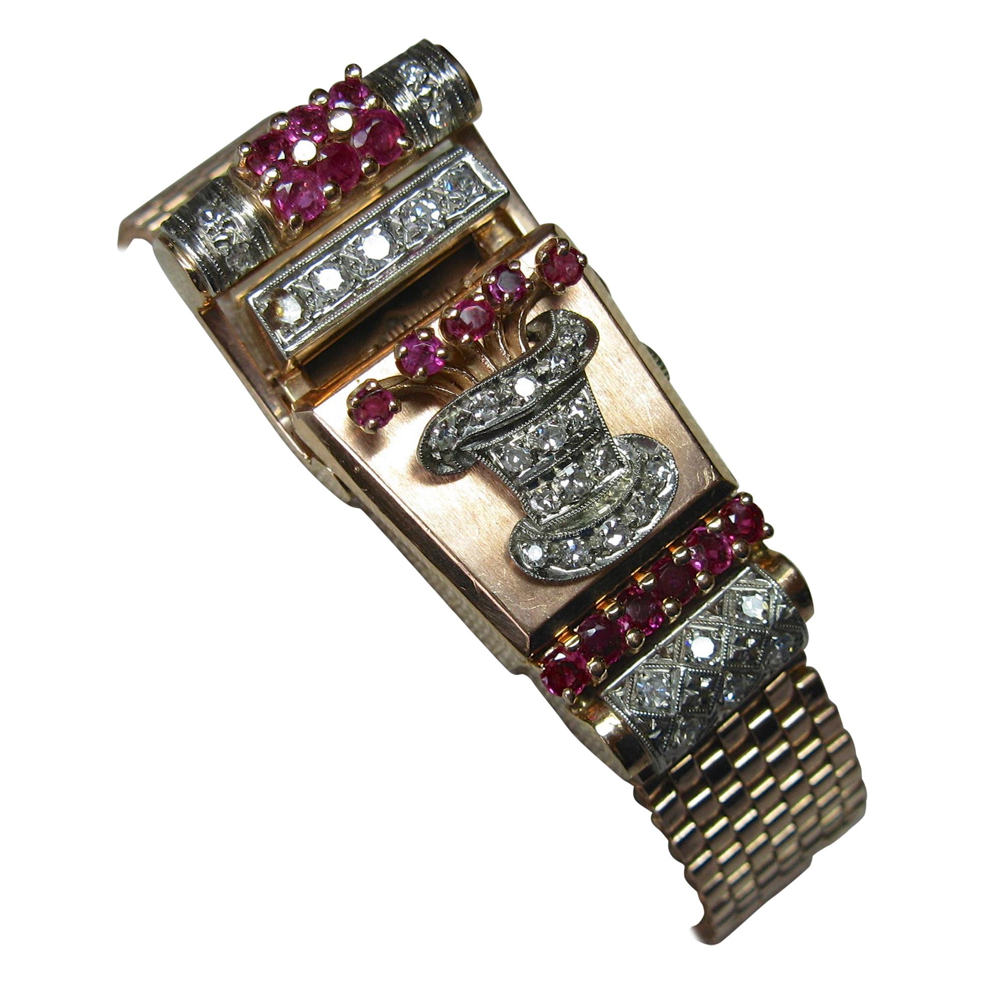 Art Deco Retro Top Hat Diamond Ruby Wittnauer Wristwatch Bracelet 14 Karat Gold