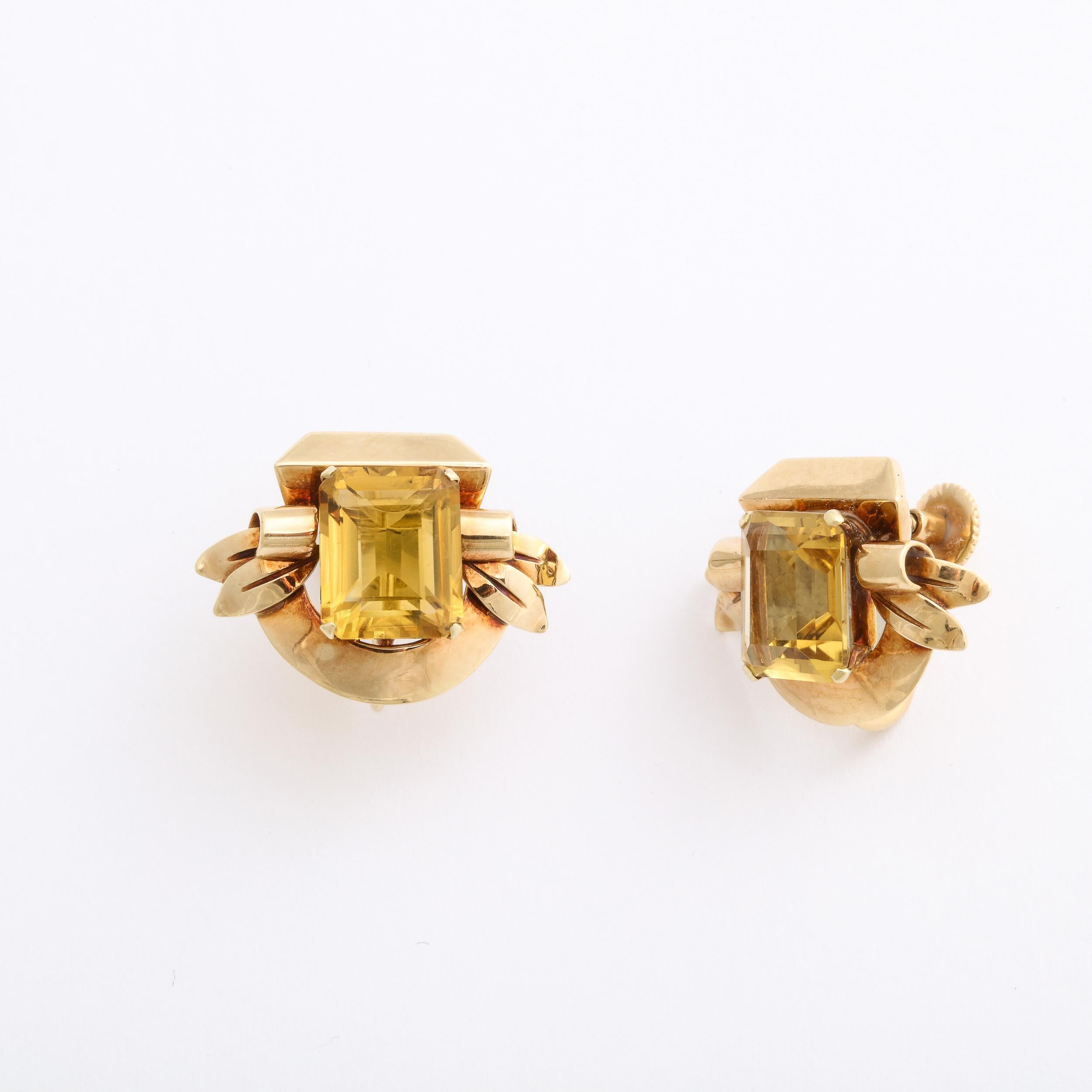 Art Deco  Retro. Yellow Gold & Emerald Cut Citrine Earrings Signed Cartier  For Sale 4