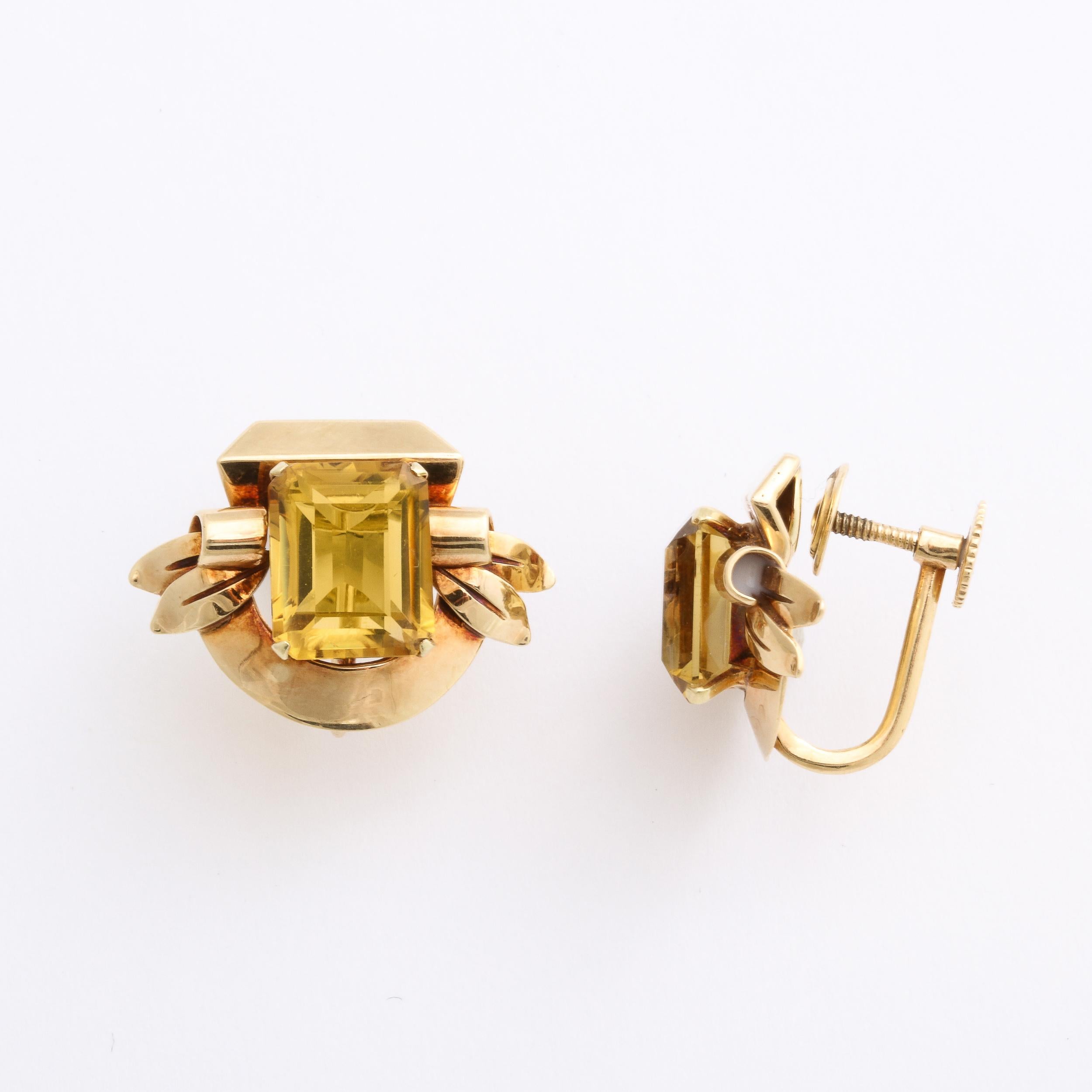 Art Deco  Retro. Yellow Gold & Emerald Cut Citrine Earrings Signed Cartier  For Sale 5