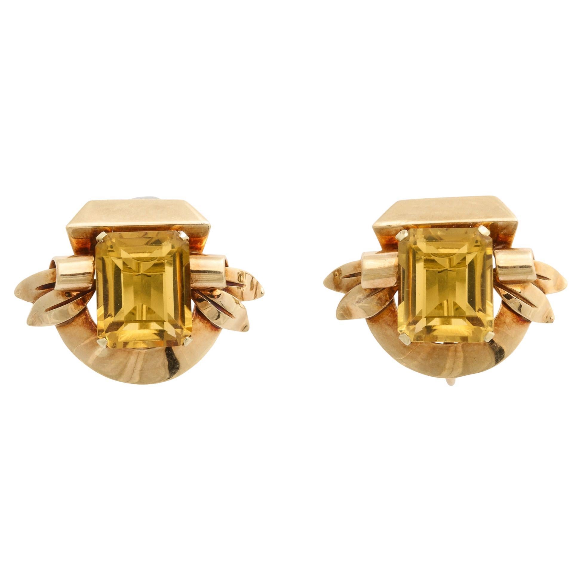 Art Deco  Retro. Yellow Gold & Emerald Cut Citrine Earrings Signed Cartier  For Sale
