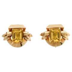 Art Deco  Retro. Yellow Gold & Emerald Cut Citrine Earrings Signed Cartier 