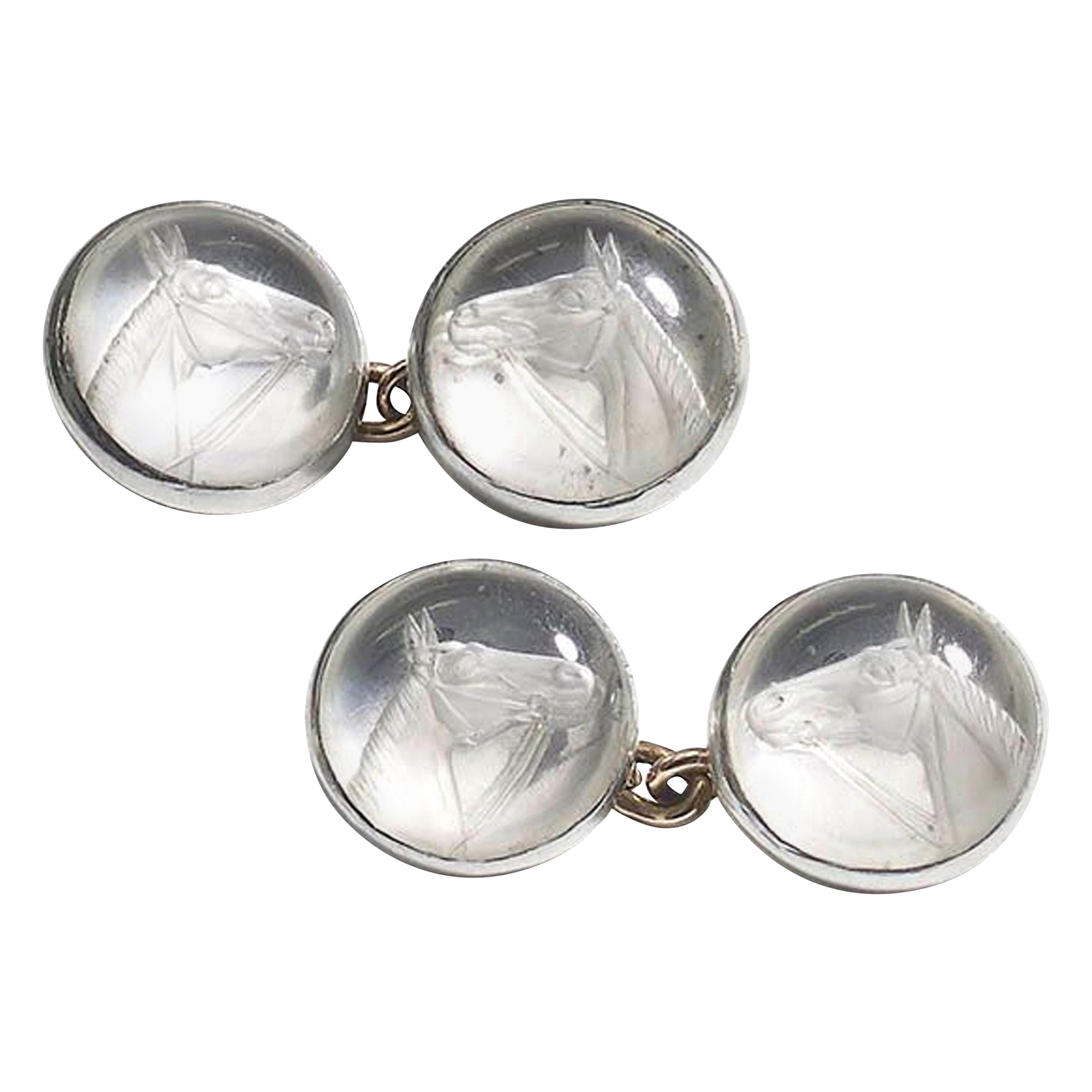 Boutons de manchette Art déco en platine et cristal inversé représentant un cheval