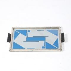 Art Deco Reverse Eglomise Blue & White Geometric Motif in Nickel & Bakelite Tray
