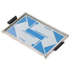 Art Deco Reverse Eglomise Blue & White Geometric Motif in Nickel & Bakelite Tray