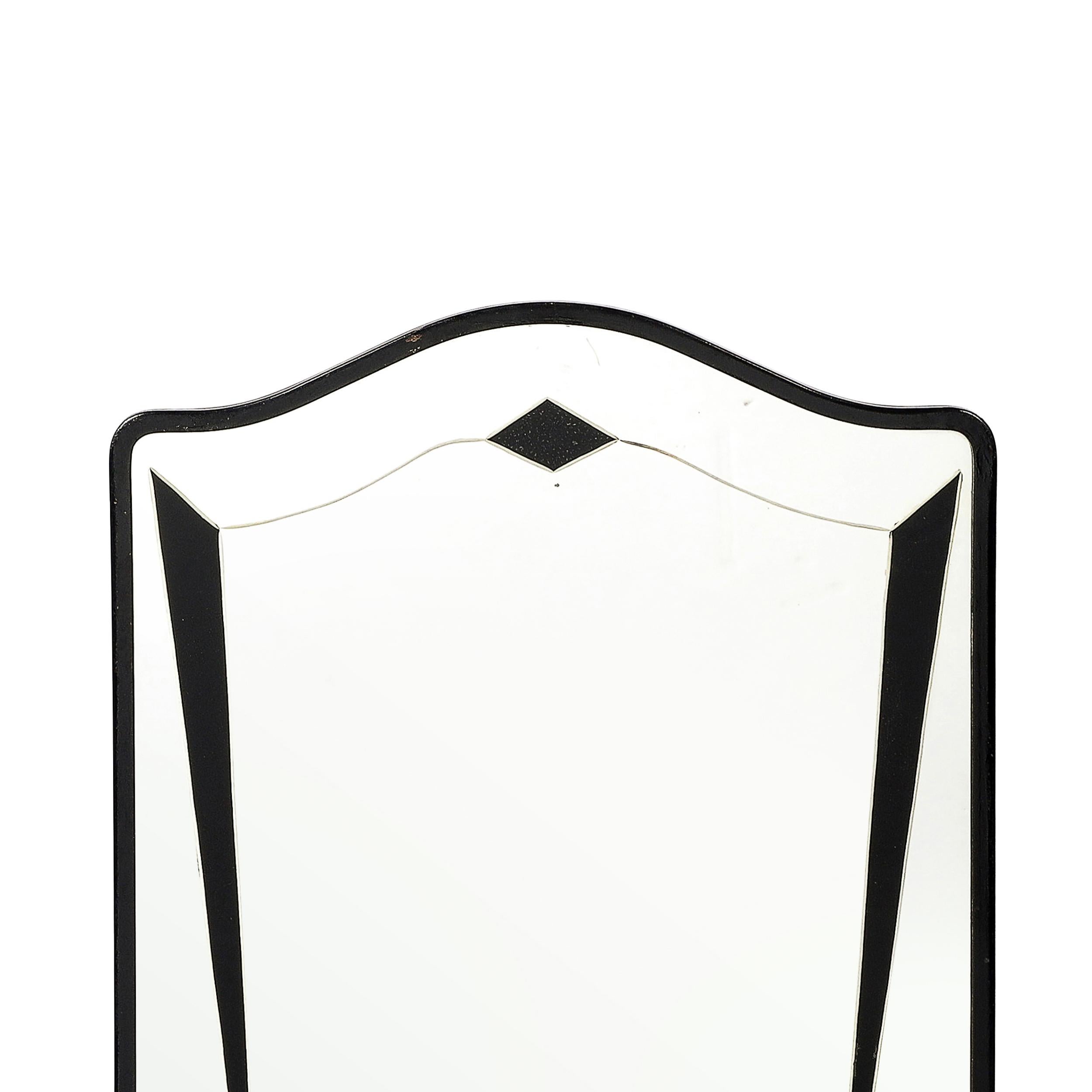 Americano Specchio geometrico inciso Art Deco invertito Eglomise con dettagli in lacca nera in vendita