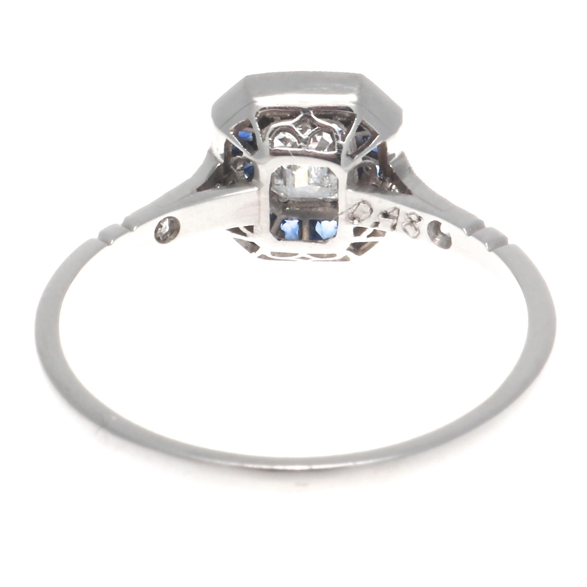 Emerald Cut Art Deco Style 0.48 Carat Diamond Sapphire Platinum Ring