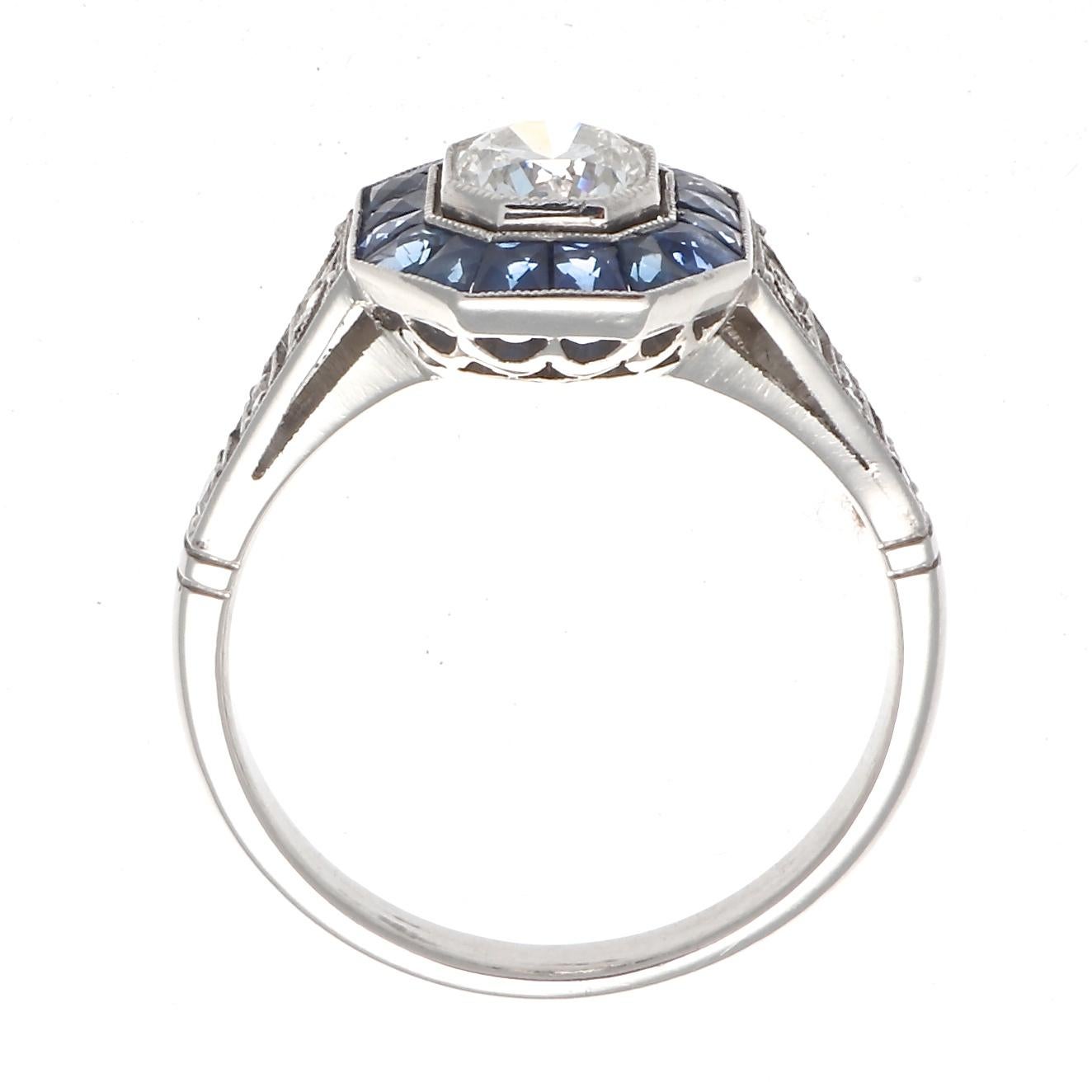Art Deco Revival 0.68 Carat Diamond Sapphire Platinum Engagement Ring (Art déco)