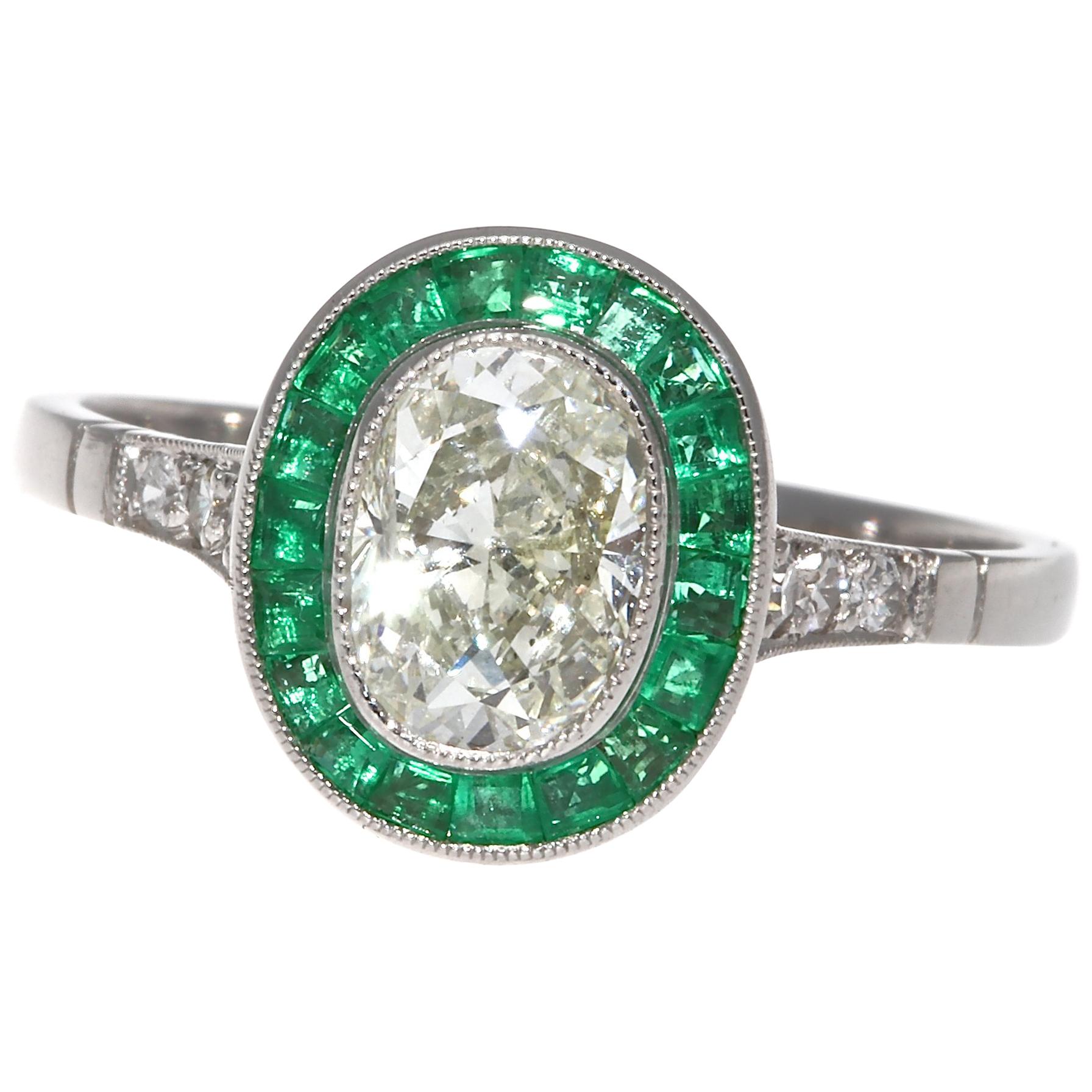 Art Deco Style 1 Carat Diamond Emerald Platinum Engagement Ring