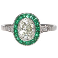 Art Deco Style 1.01 Carat Diamond Emerald Platinum Engagement Ring