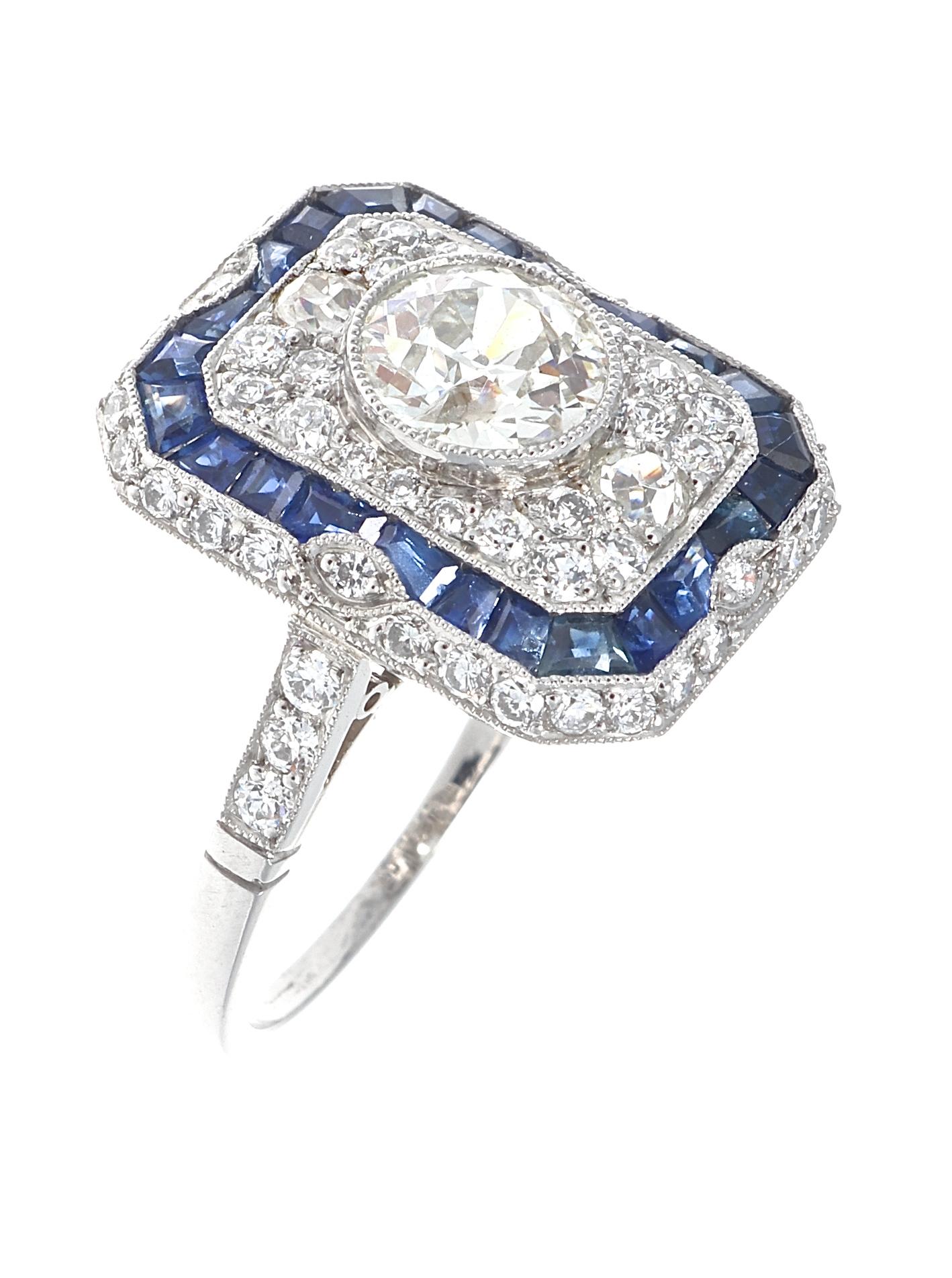 Art Deco Style 1.01 Carat Old European Cut Diamond Sapphire Platinum Ring In New Condition In Beverly Hills, CA