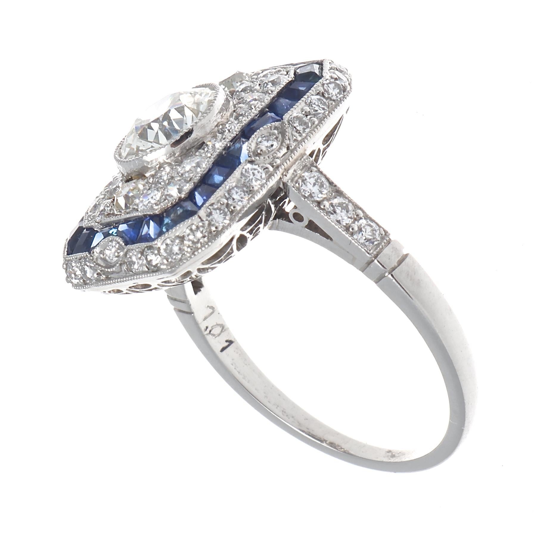 Women's Art Deco Style 1.01 Carat Old European Cut Diamond Sapphire Platinum Ring