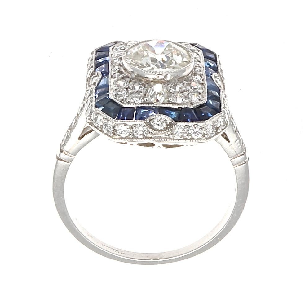 Art Deco Style 1.01 Carat Old European Cut Diamond Sapphire Platinum Ring 1