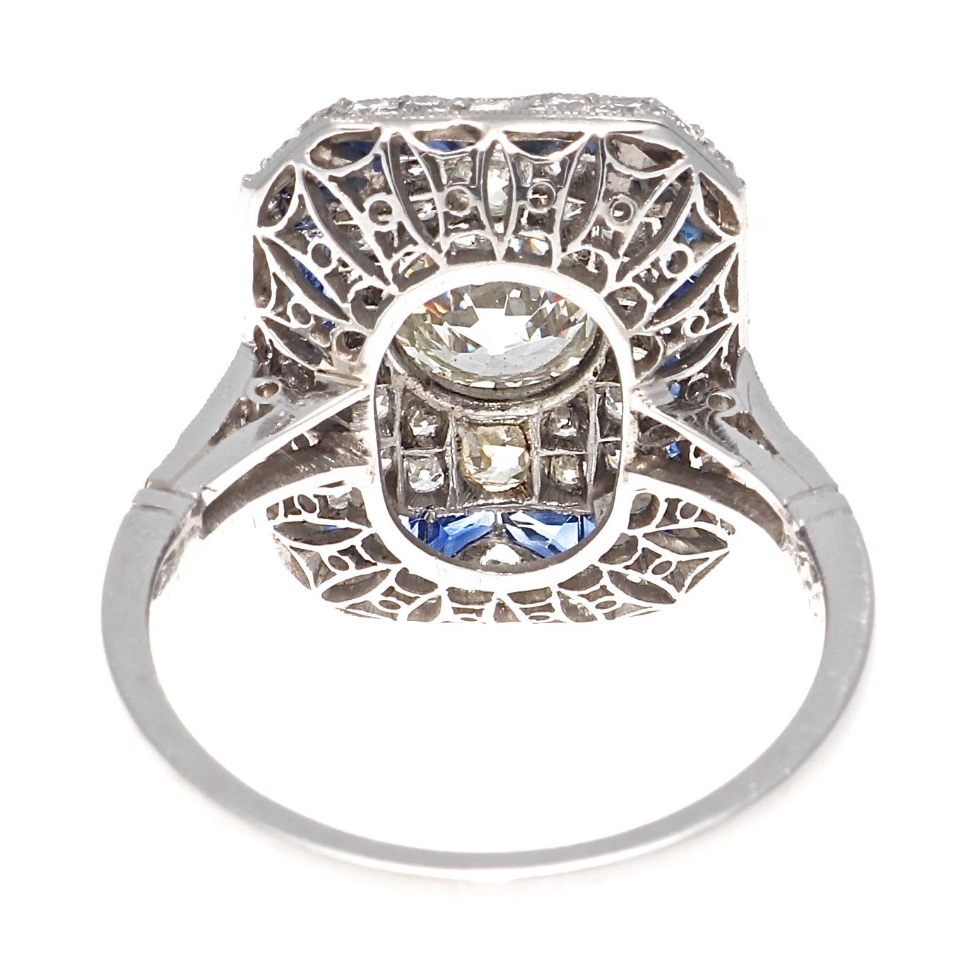Art Deco Style 1.01 Carat Old European Cut Diamond Sapphire Platinum Ring 2