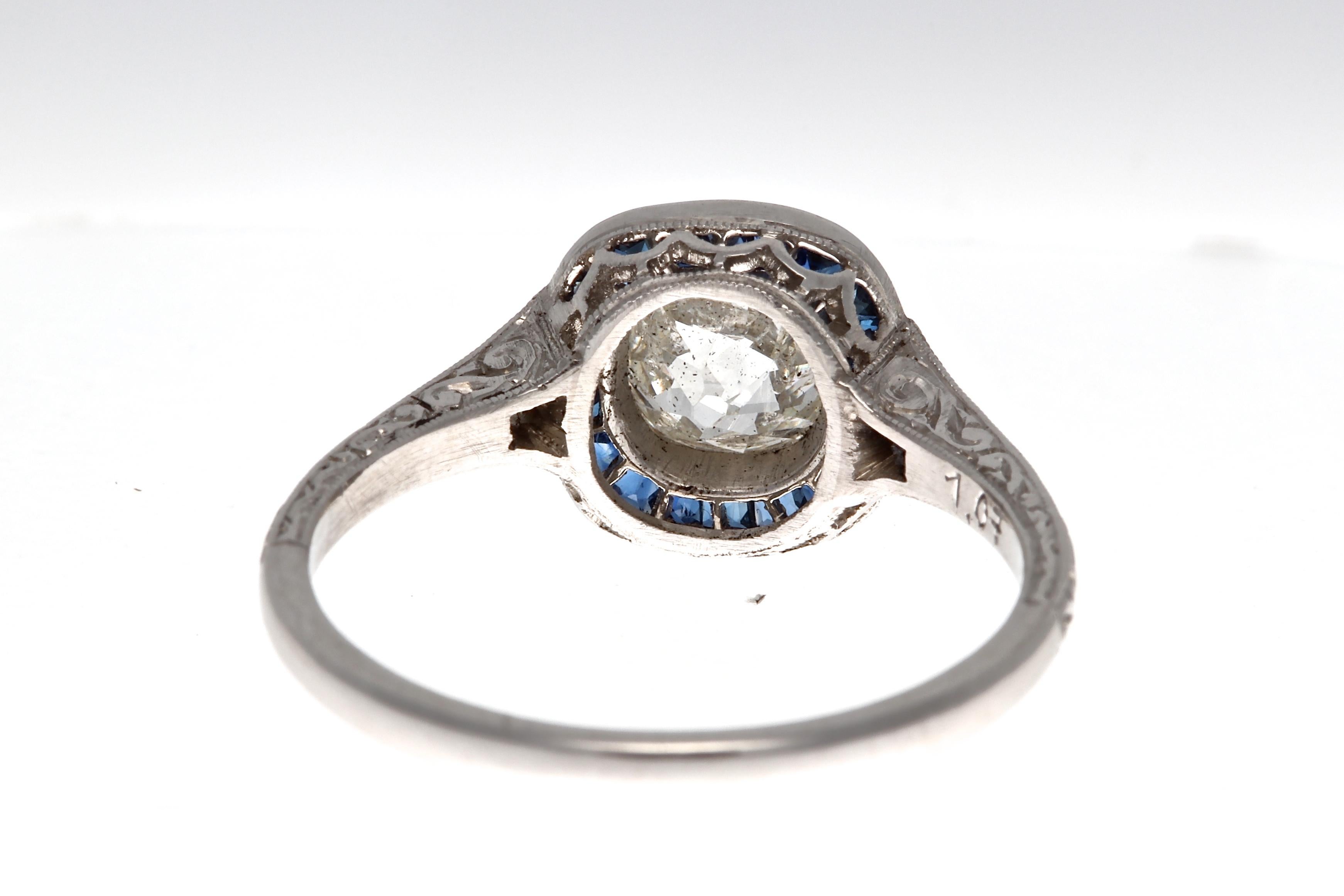 Women's Art Deco Revival 1.07 Carat Diamond Sapphire Platinum Ring