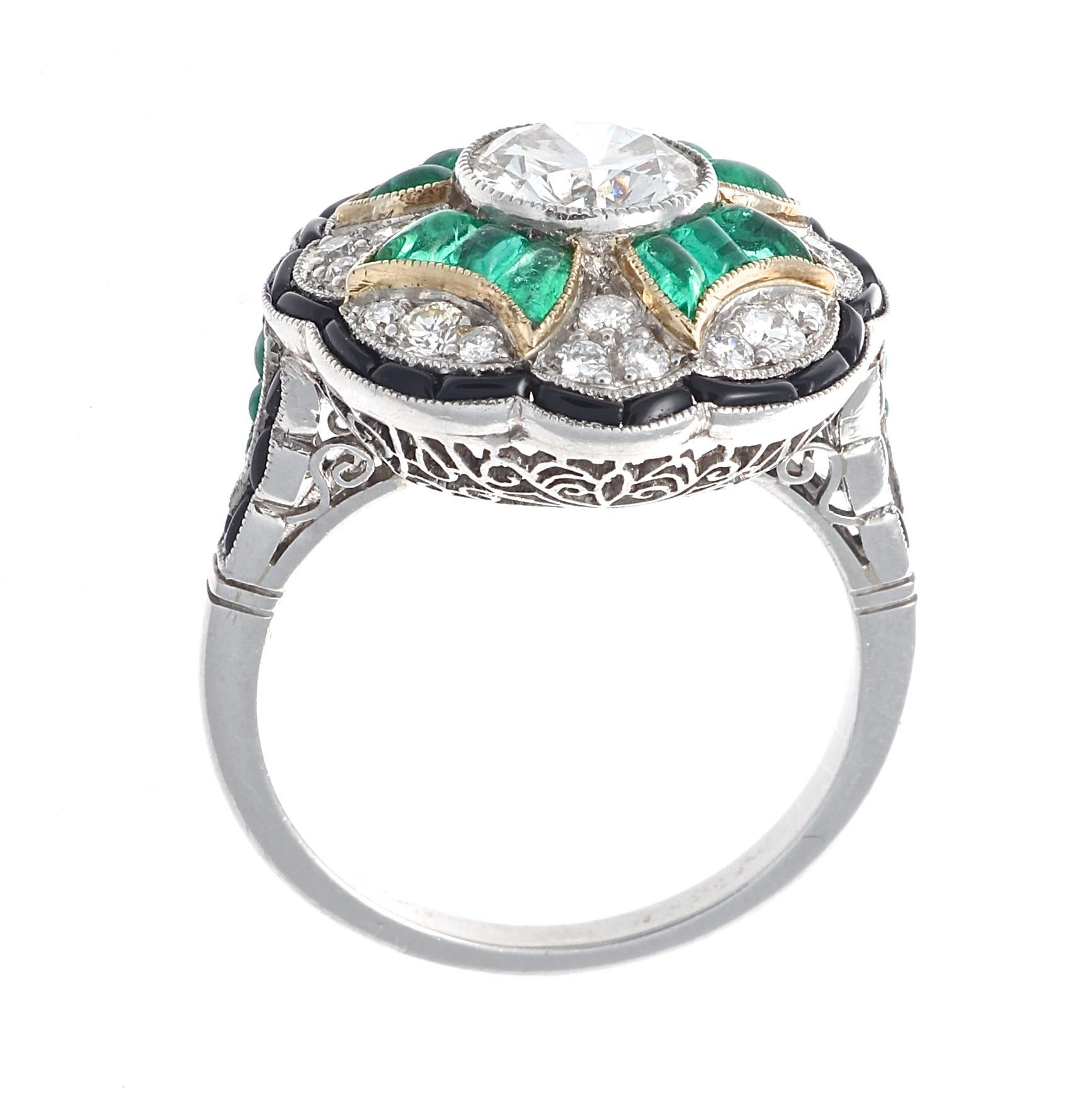 Old European Cut Art Deco Style 1.12 Carat Diamond Emerald Onyx Platinum Cocktail Ring