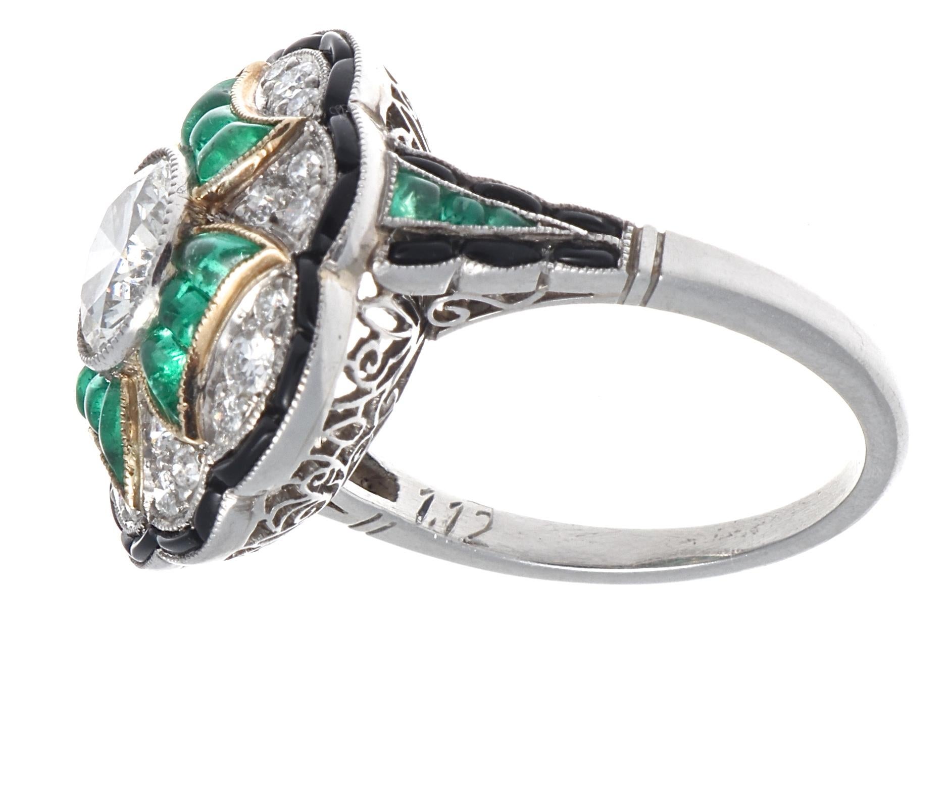 Round Cut Art Deco Style 1.12 Carat Diamond Emerald Onyx Platinum Cocktail Ring