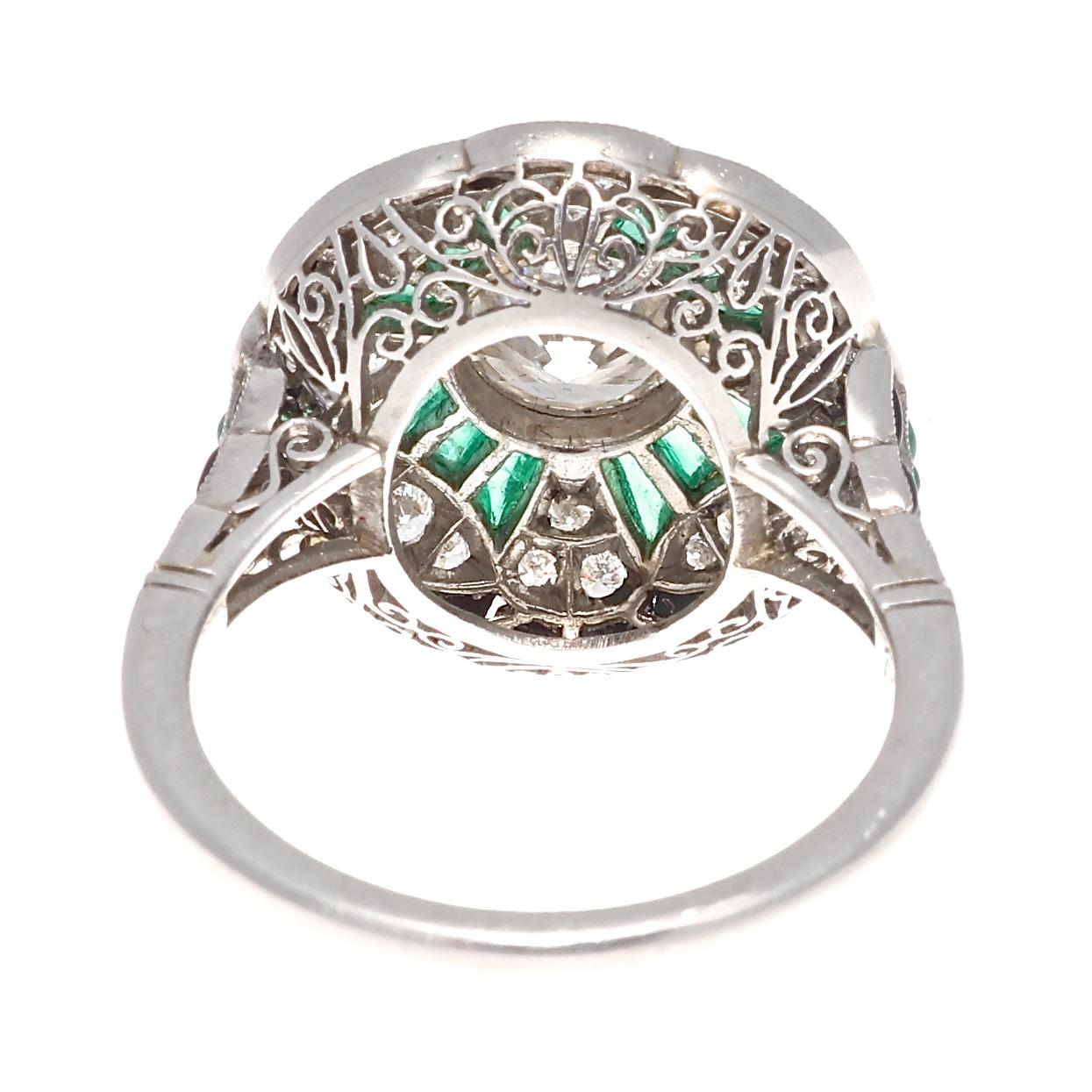 Women's Art Deco Style 1.12 Carat Diamond Emerald Onyx Platinum Cocktail Ring