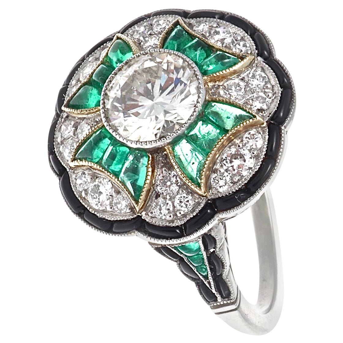 Art Deco Style 1.12 Carat Diamond Emerald Onyx Platinum Cocktail Ring