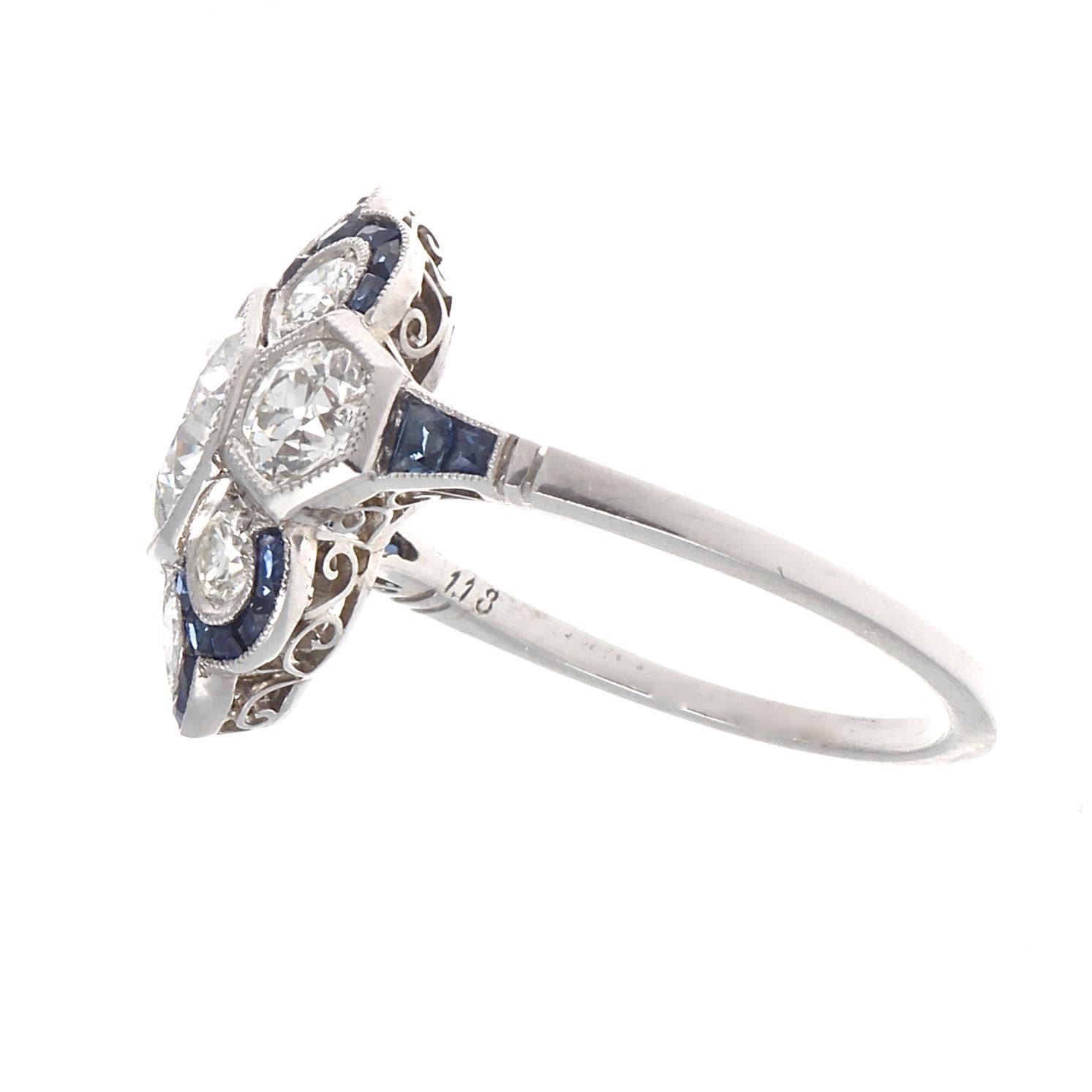 Art Deco Revival 1.13 Carat Diamond Sapphire Platinum Ring In New Condition In Beverly Hills, CA