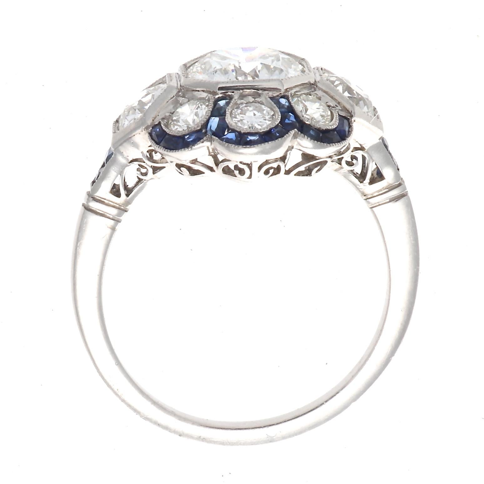 Women's Art Deco Revival 1.13 Carat Diamond Sapphire Platinum Ring