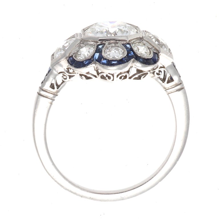Art Deco Revival 1.13 Carat Diamond Sapphire Platinum Ring at 1stDibs