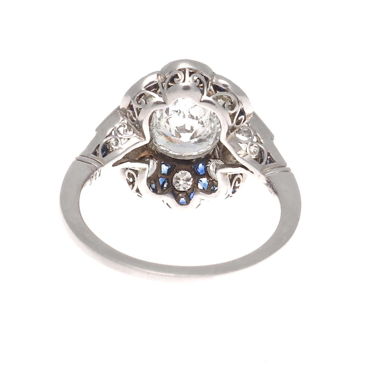 Art Deco Revival 1.13 Carat Diamond Sapphire Platinum Ring 1