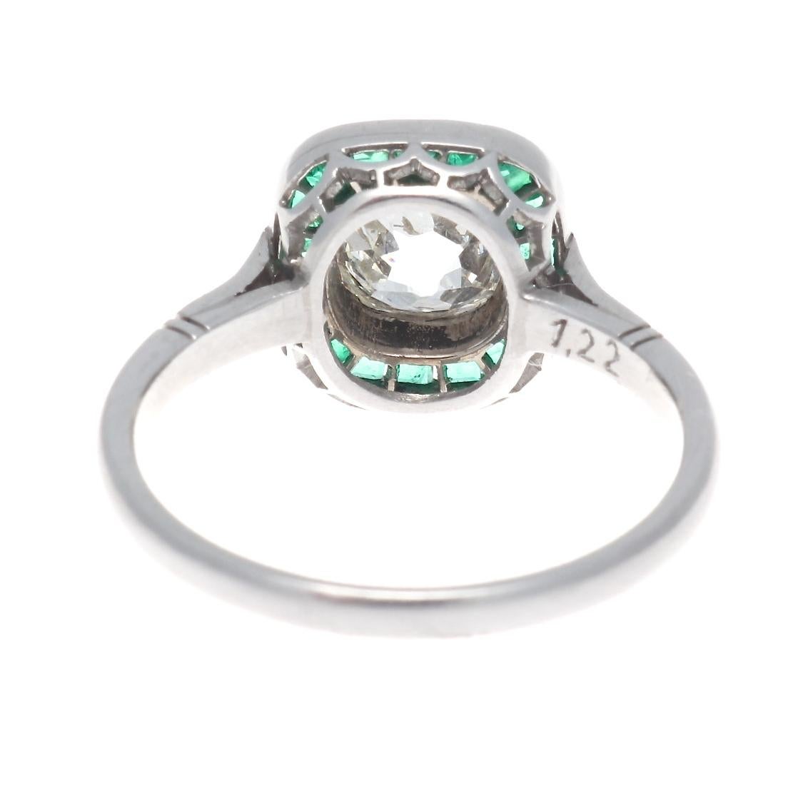 Women's Art Deco Revival 1.22 Carat Old Mine Cut Diamond Emerald Platinum Ring